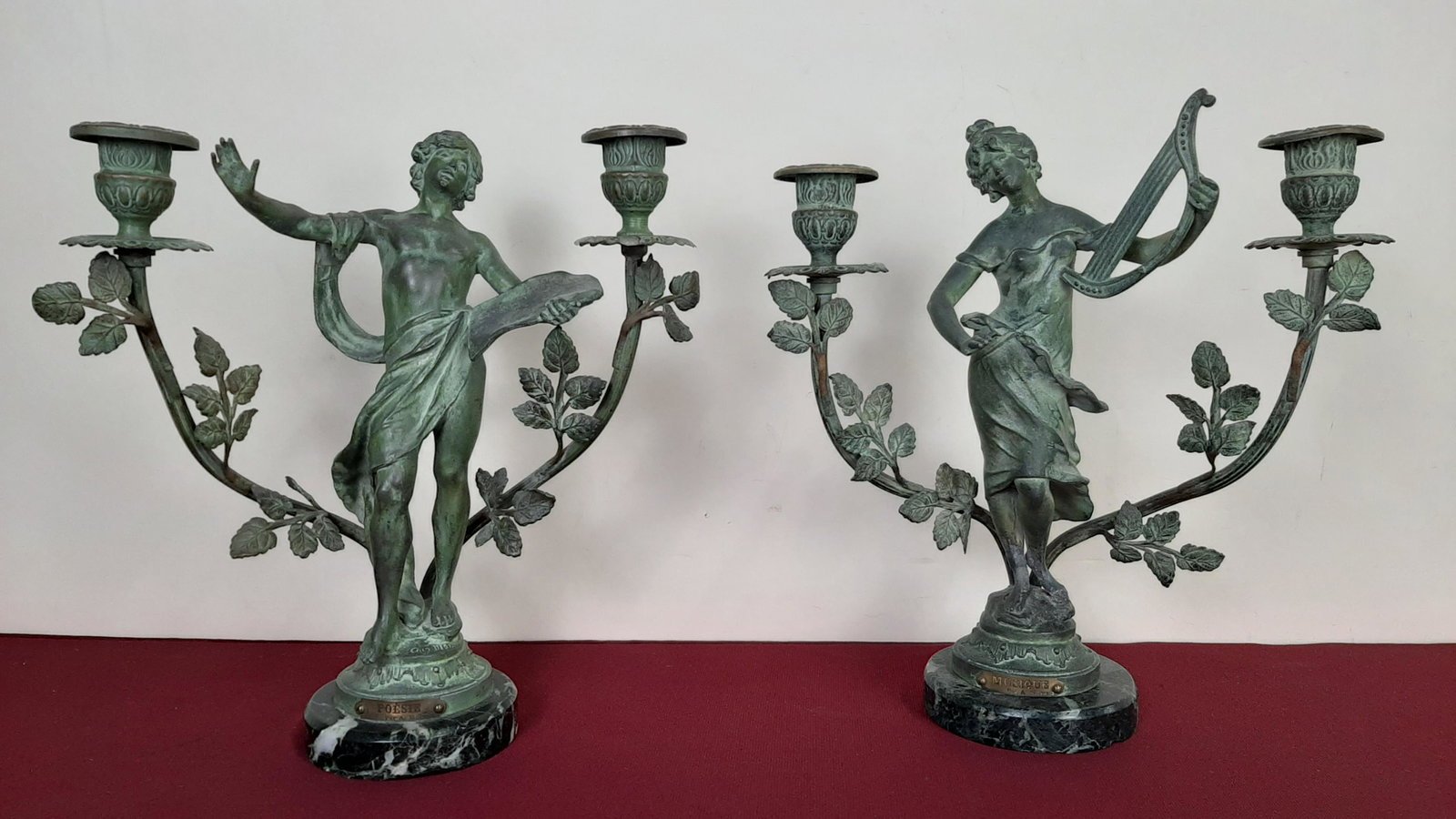 Pr Art Nouveau Candelabra: Each 9 1/2" wide X 10 1/2" high. IMPORTANT: Before bidding, please read the terms and conditions below. When you registered for the auction you agreed to these terms and will be required to comply wit