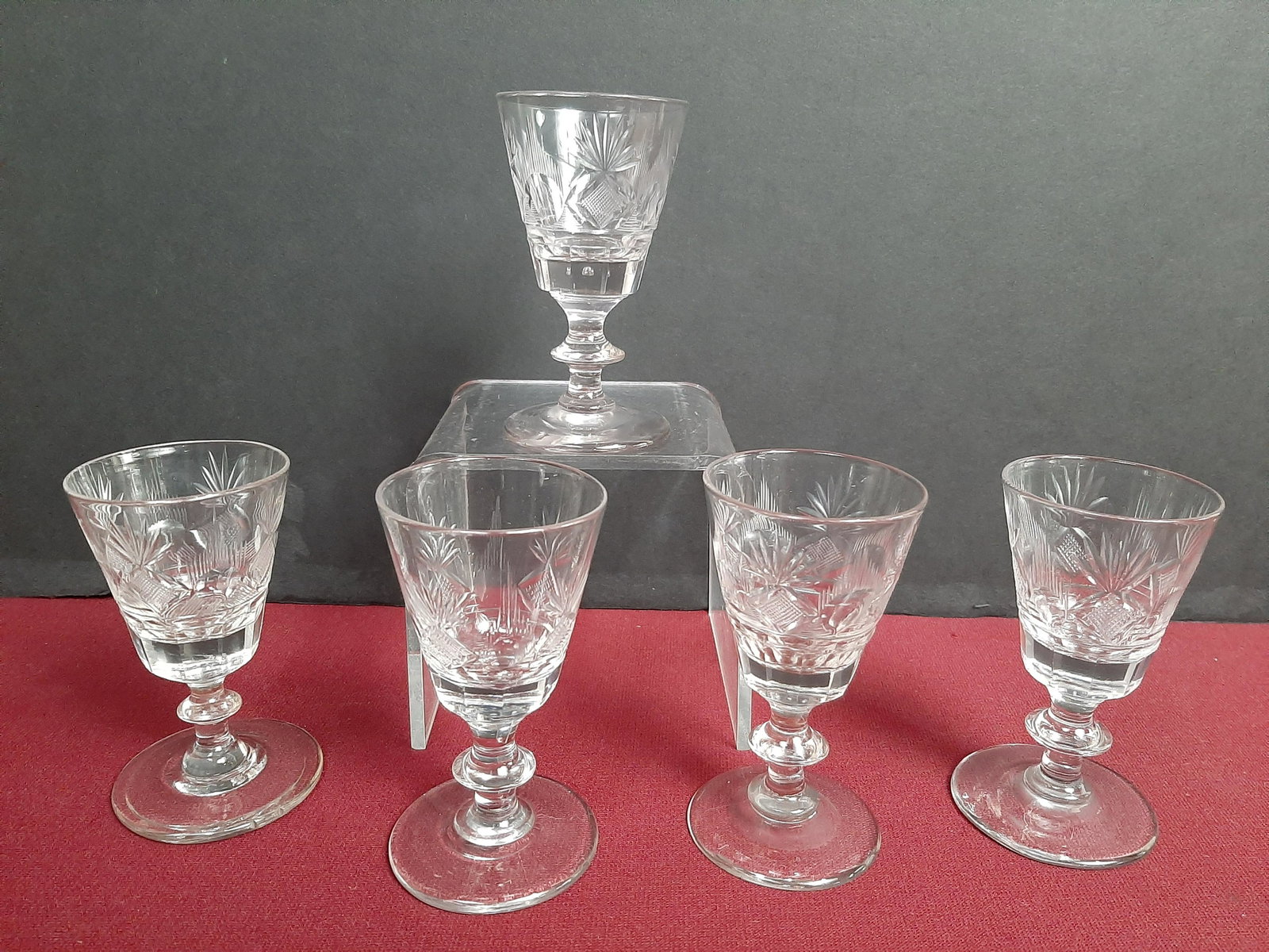 5 Early Blown Wine Glasses: One with chip to base. 2 1/4" diameter X 4" high. IMPORTANT: Before bidding, please read the terms and conditions below. When you registered for the auction you agreed to these terms and will be requi