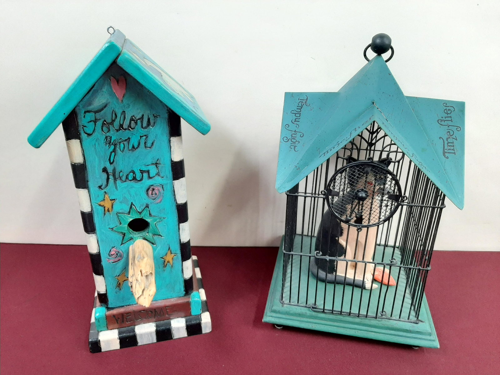 Yard Art Bird House and Cage: 5 1/2" to 7 1/2" wide X 8" to 8 1/2" deep X 13" to 13 1/2" high. IMPORTANT: Before bidding, please read the terms and conditions below. When you registered for the auction you agreed to these terms an