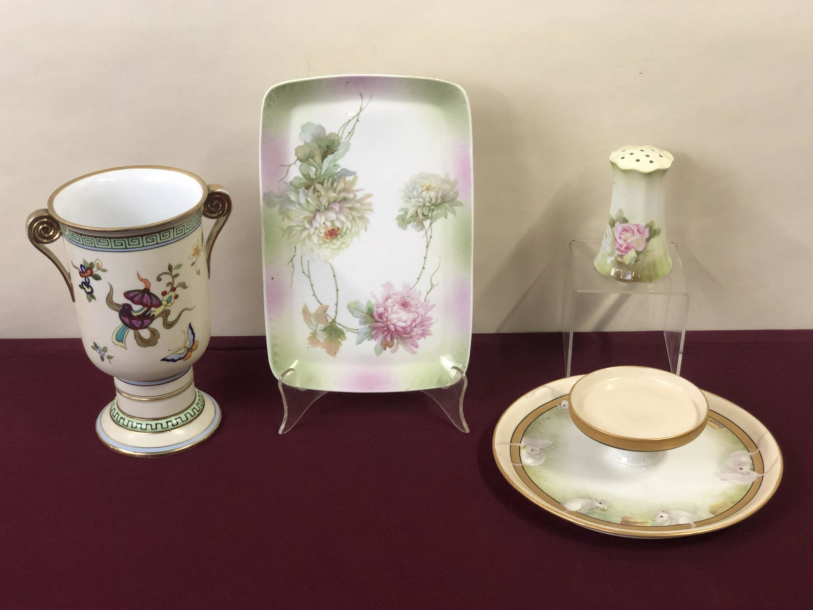 4 Porcelain incl RS Prussia: Also includes Nippon Limoges and Royal Carola. Vase 9" high. IMPORTANT: Before bidding, please read the terms and conditions below. When you registered for the auction you agreed to these terms and wi