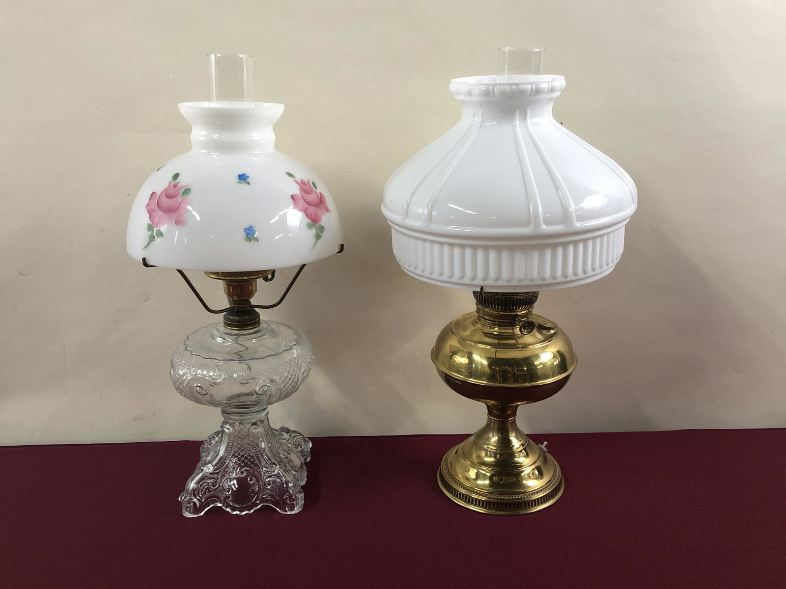2 Lamps with Milk Glass Shades: Rayo and pressed glass. 21 1/2" high. Working. IMPORTANT: Before bidding, please read the terms and conditions below. When you registered for the auction you agreed to these terms and will be required