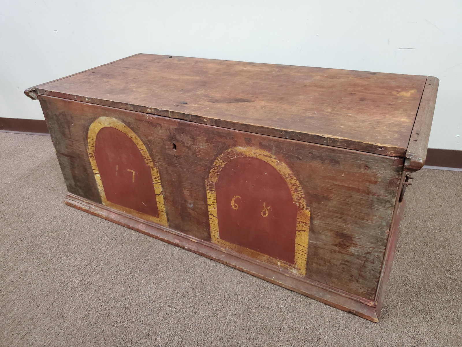 Painted Blanket Chest "1768": 52" wide X 24 1/2" deep X 20" high. Front lid trim missing. IMPORTANT: Before bidding, please read the terms and conditions below. When you registered for the auction you agreed to these terms and wil