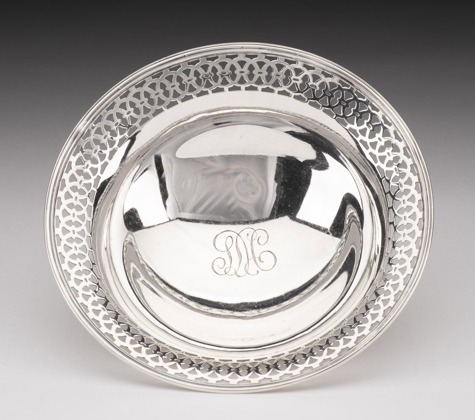 Watson Sterling Footed Bon Bon Bowl: 5" diameter. 1.8 ozt. Monogrammed. IMPORTANT: Before bidding, please read the terms and conditions below. When you registered for the auction you agreed to these terms and will be required to comply w