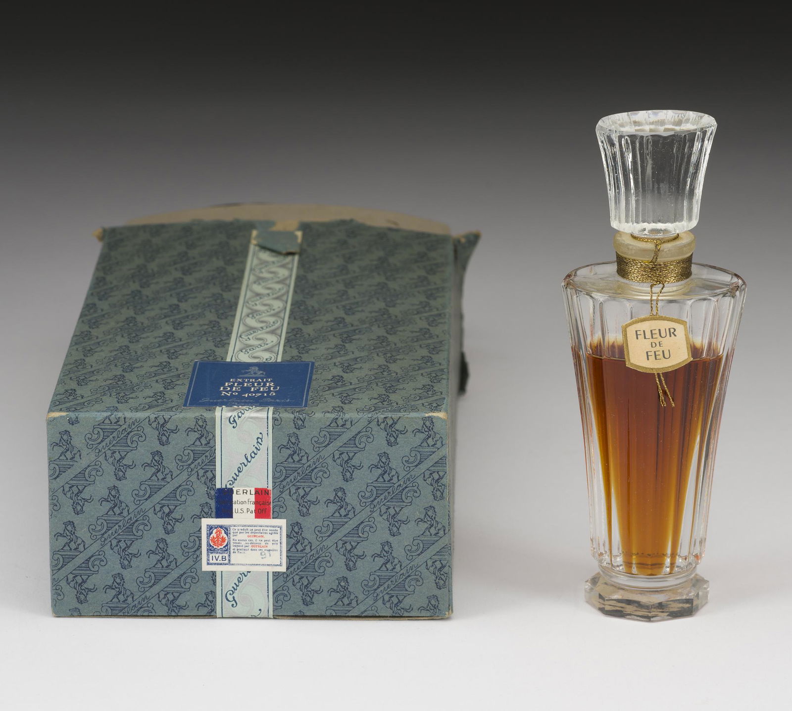 Box of Guerlain Fleur de Feu: Guerlain Extrait Fleur de Feu No. 40715 in original box. Overall with box 7 1/2" long x 4 1/4" wide. Minor loss to box. IMPORTANT: Before bidding, please read the terms and conditions below. When you