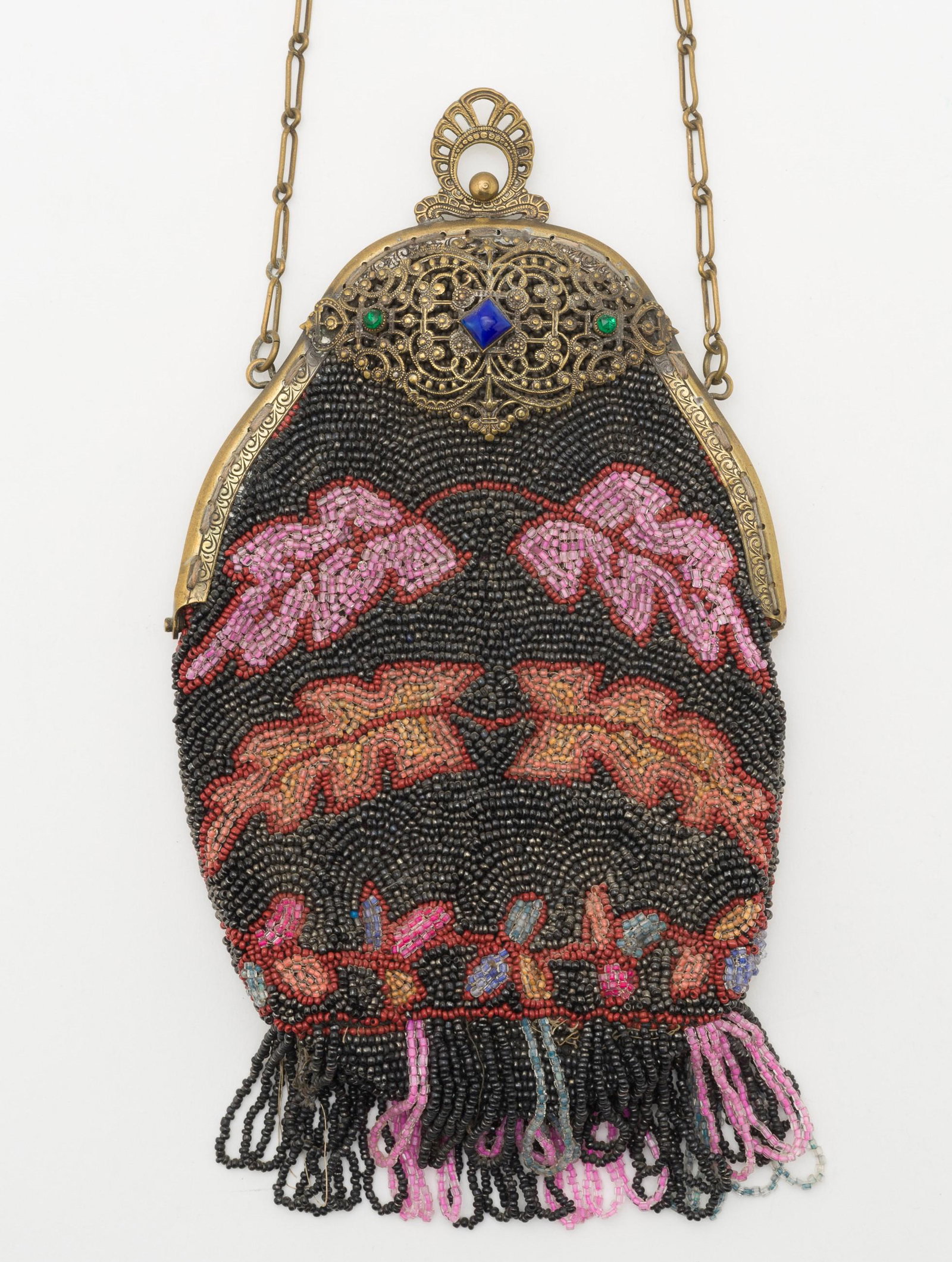 F.H. & Co. Floral Beaded Purse: Glass beads affixed to frame. Tag reads "Made in Belgium by F. H. & Co." Frame marked "Made in Czecho-Slovakia." 4-3/4" wide x 8" high to bottom of fringe with 16" chain handle. IMPORTANT: Before bidd
