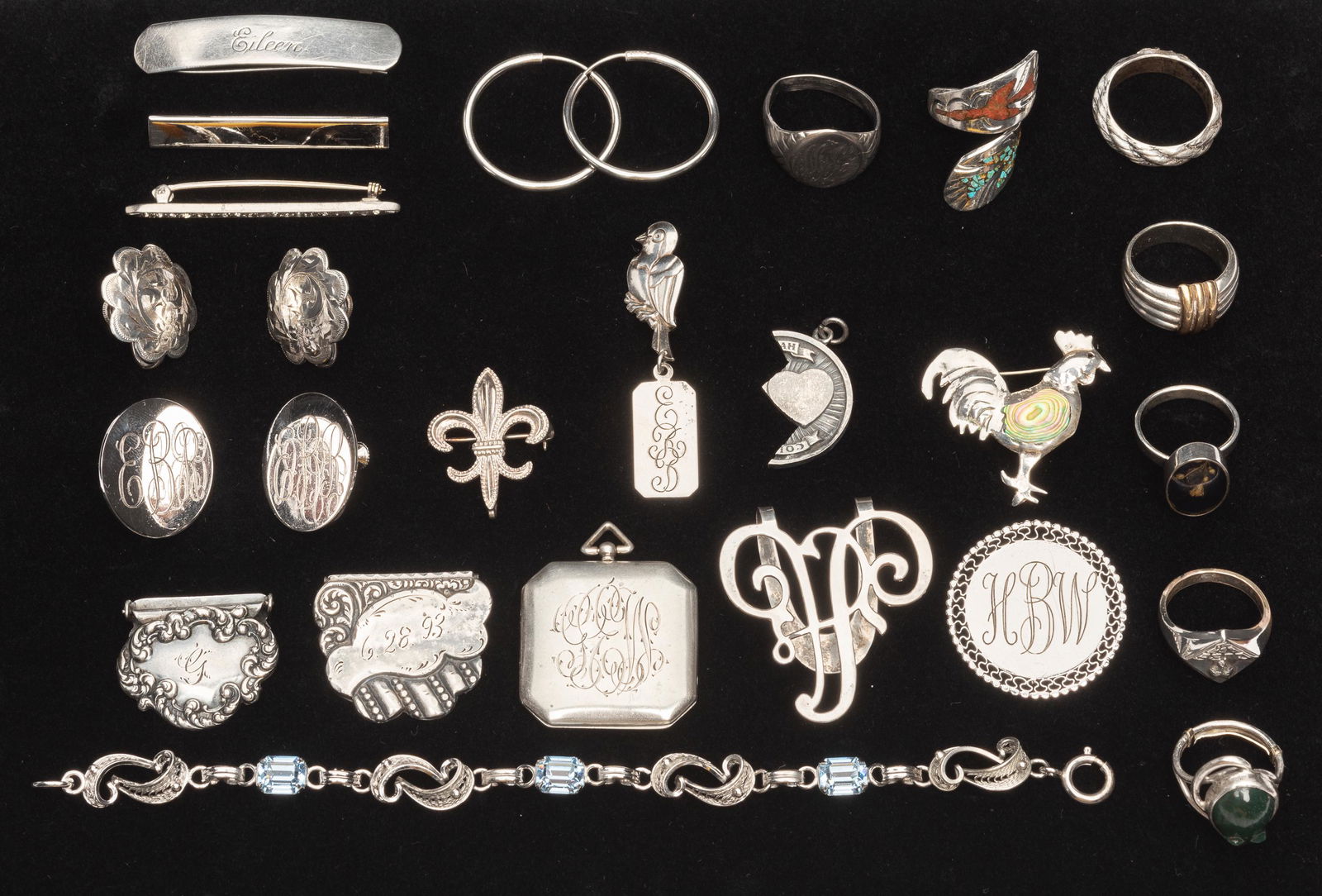 23 Pcs Sterling Silver: Bracelets, rings, pins, pendants, earrings and bookmarks. 3.9 ozt. IMPORTANT: Before bidding, please read the terms and conditions below. When you registered for the auction you agreed to these terms