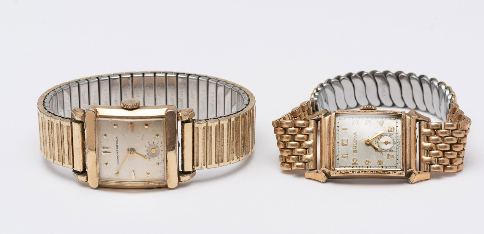 2 Vintage Men's Wristwatches: 1) Girard Perregaux. 17 jewel. 10k goldfilled Ross case. Running. 2) Bulova 17 jewel. Goldfilled case with stainless steel curved back. Running. IMPORTANT: Before bidding, please read the terms and co