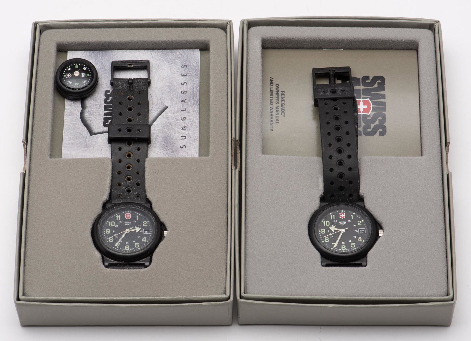 2 Swiss Army Watches: With boxes. Light wear. IMPORTANT: Before bidding, please read the terms and conditions below. When you registered for the auction you agreed to these terms and will be required to comply with them.