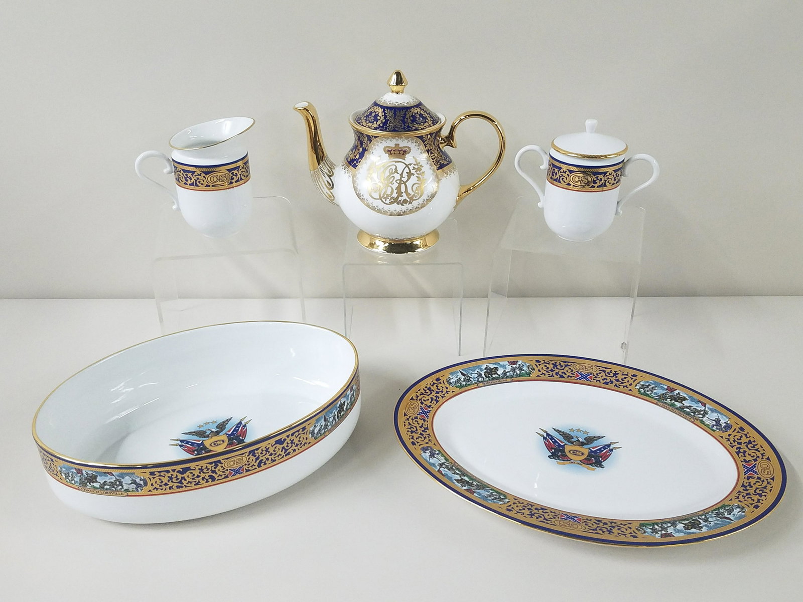 5 Pcs Pride of the Confederacy Dinnerware: Manufactured by The Franklin Mint. Platter: 14-1/2" long. Tea kettle: 8" high.