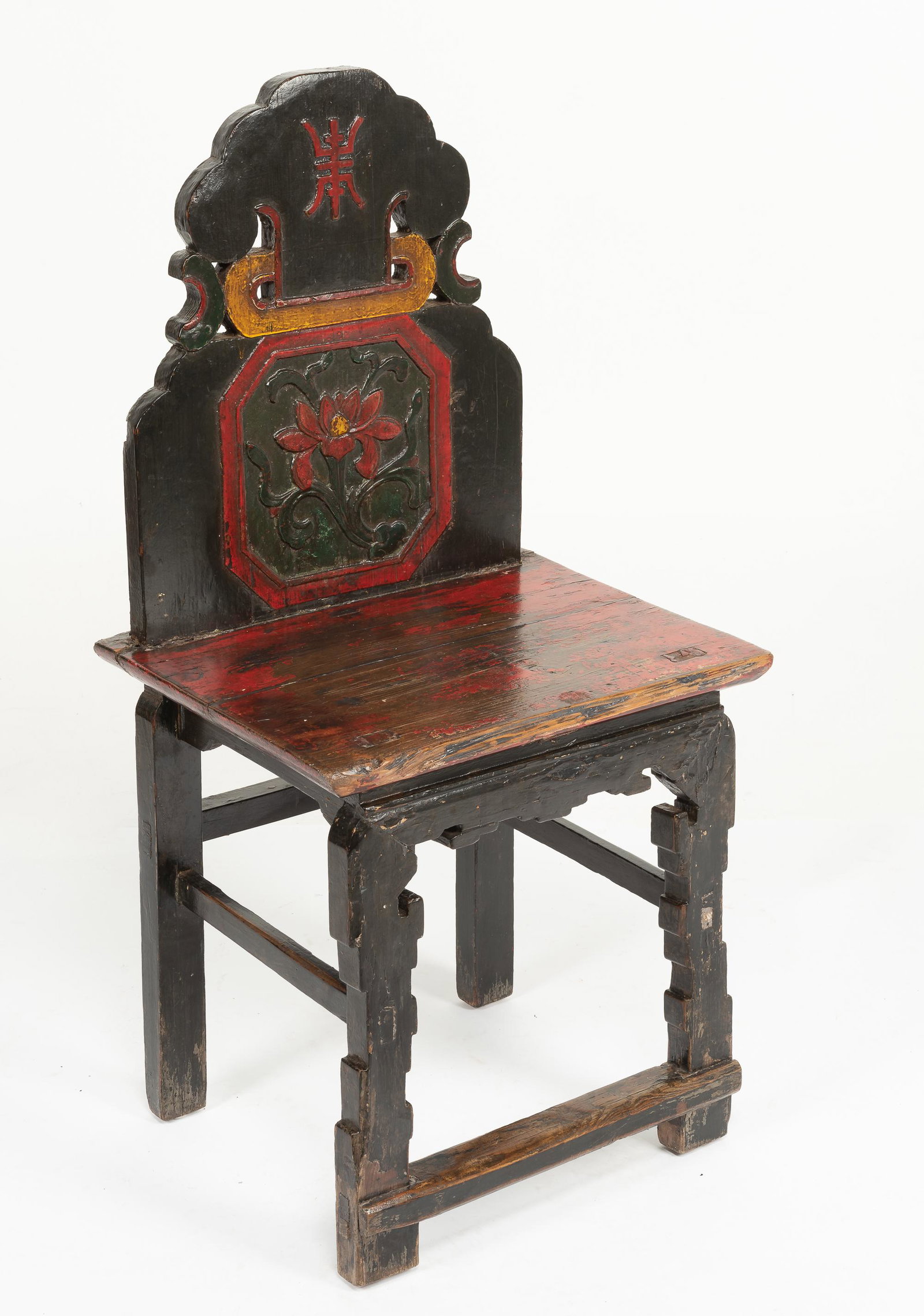 Chinese Carved Back Stool: Polychrome carved back. 40" high x 17-1/2" wide x 15-3/4" deep