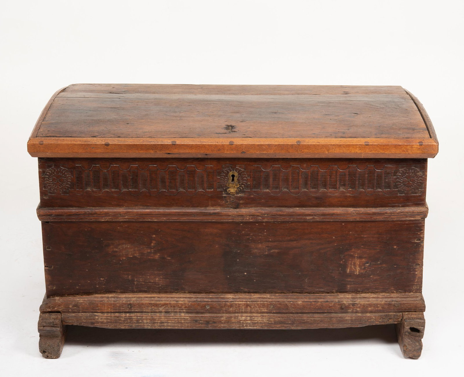 Small Chest: Resting on later cleated feet. Linen fold carving and escutcheon to front. 24-1/2" high x 41" wide x 25" deep.