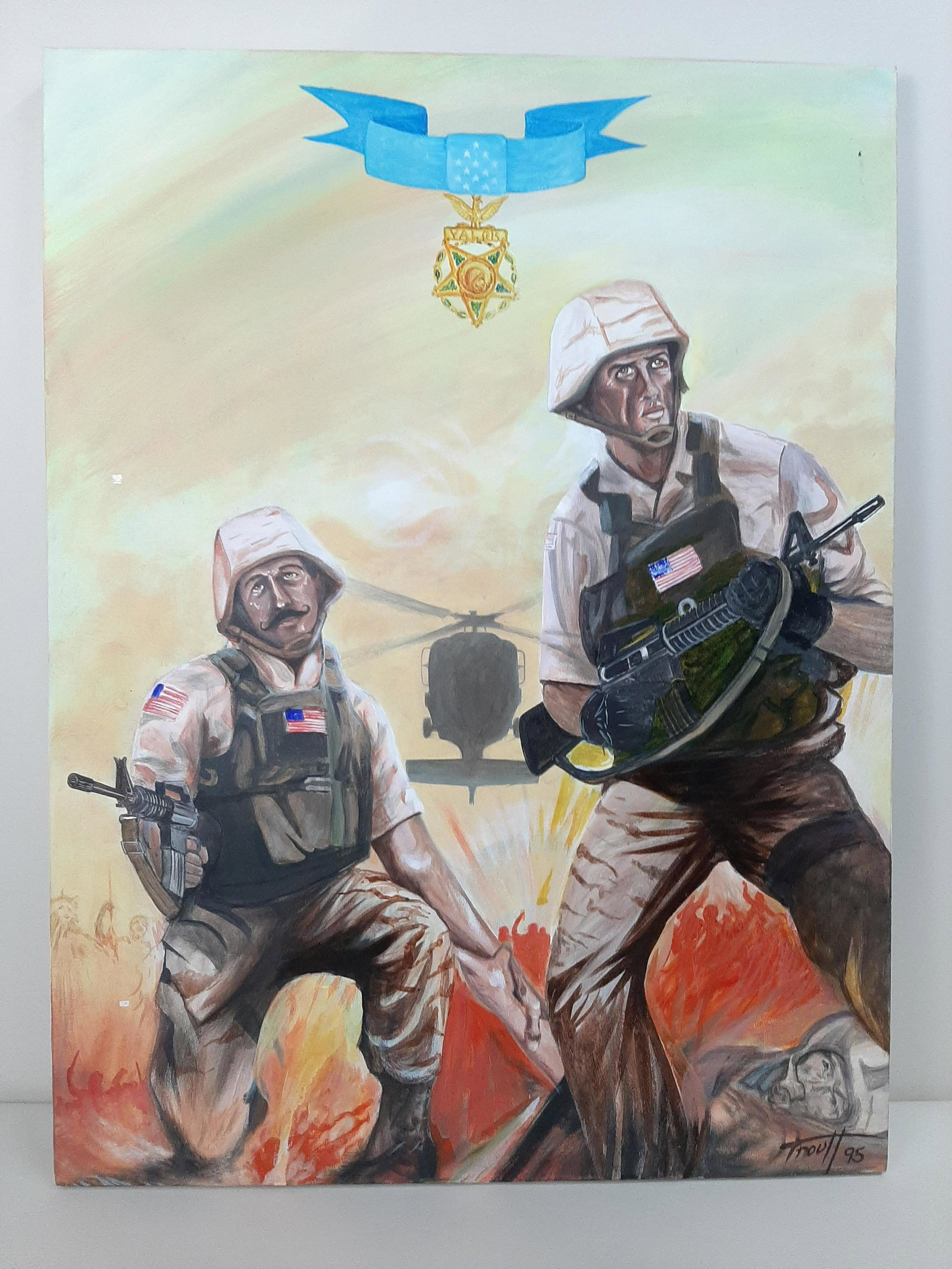 Delta Force Medal of Honor Painting: Depicts Sgt. First Class Randall Shugart and Master Sgt. Gary Gordon. 30" wide X 40" high.