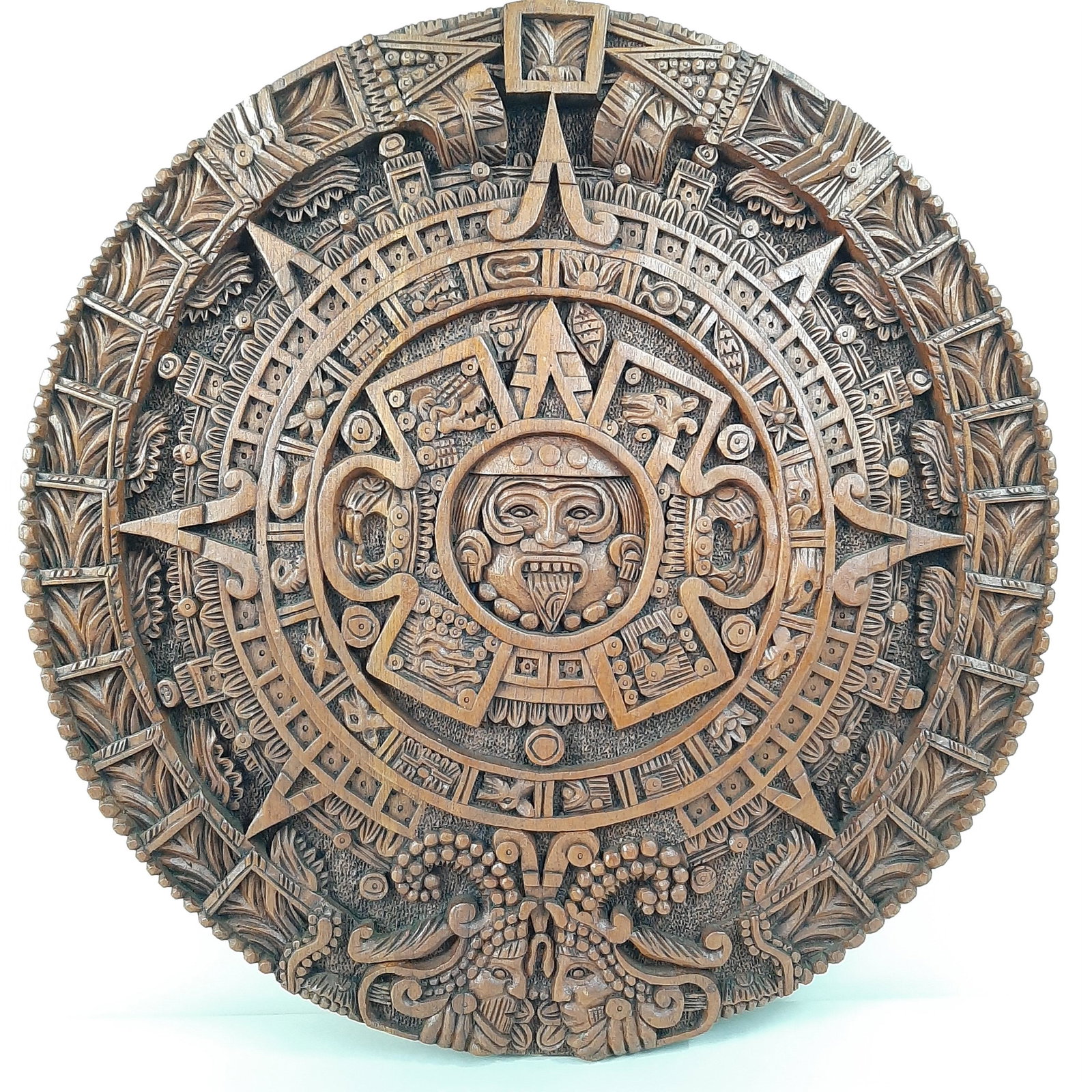 Wood Carved Aztec Calendar: 27" diameter.