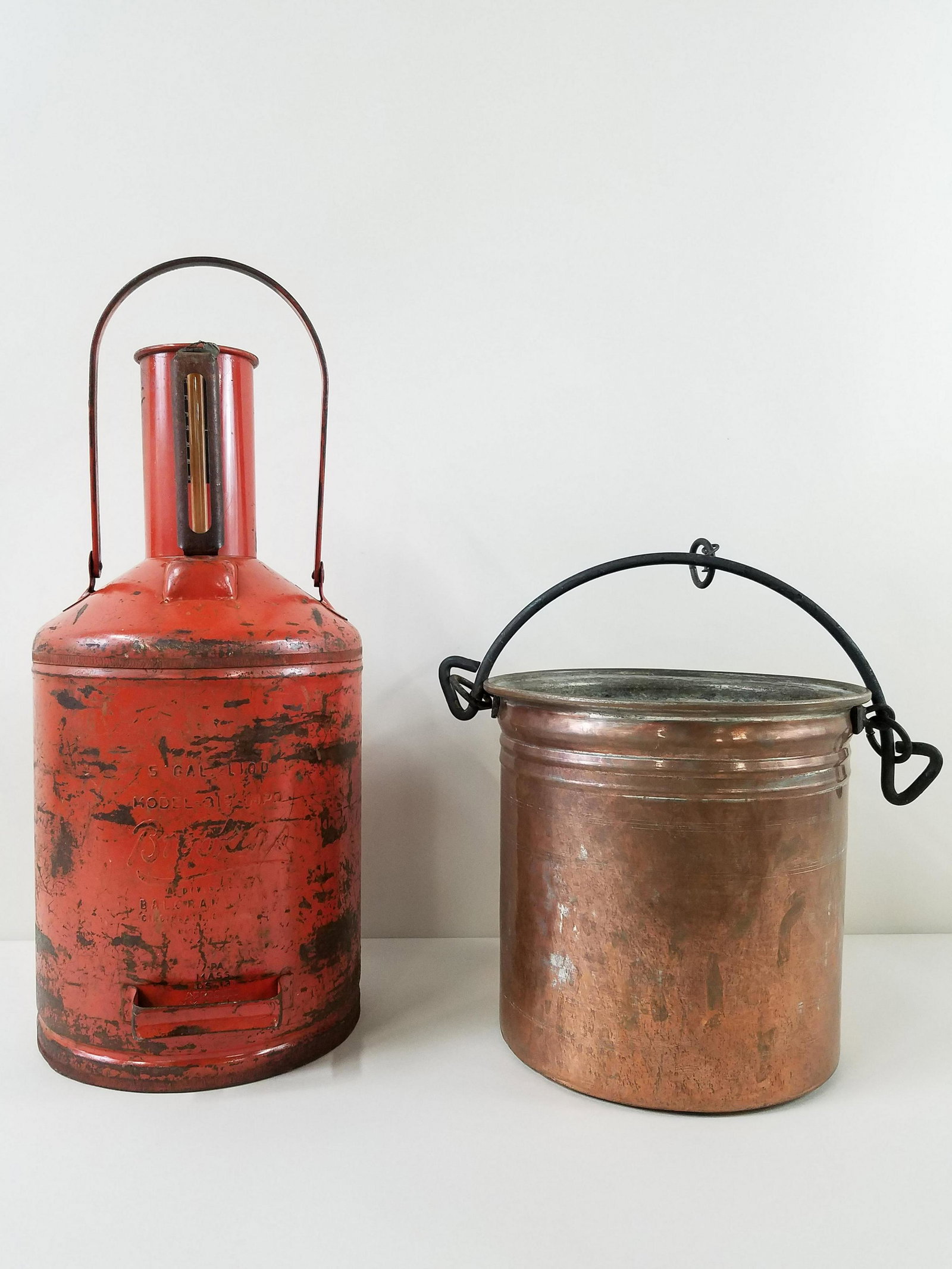 Copper Bucket and Brookings Service Station Can: 10" to 16" diameter x 16" to 25" high. Some finish losses.