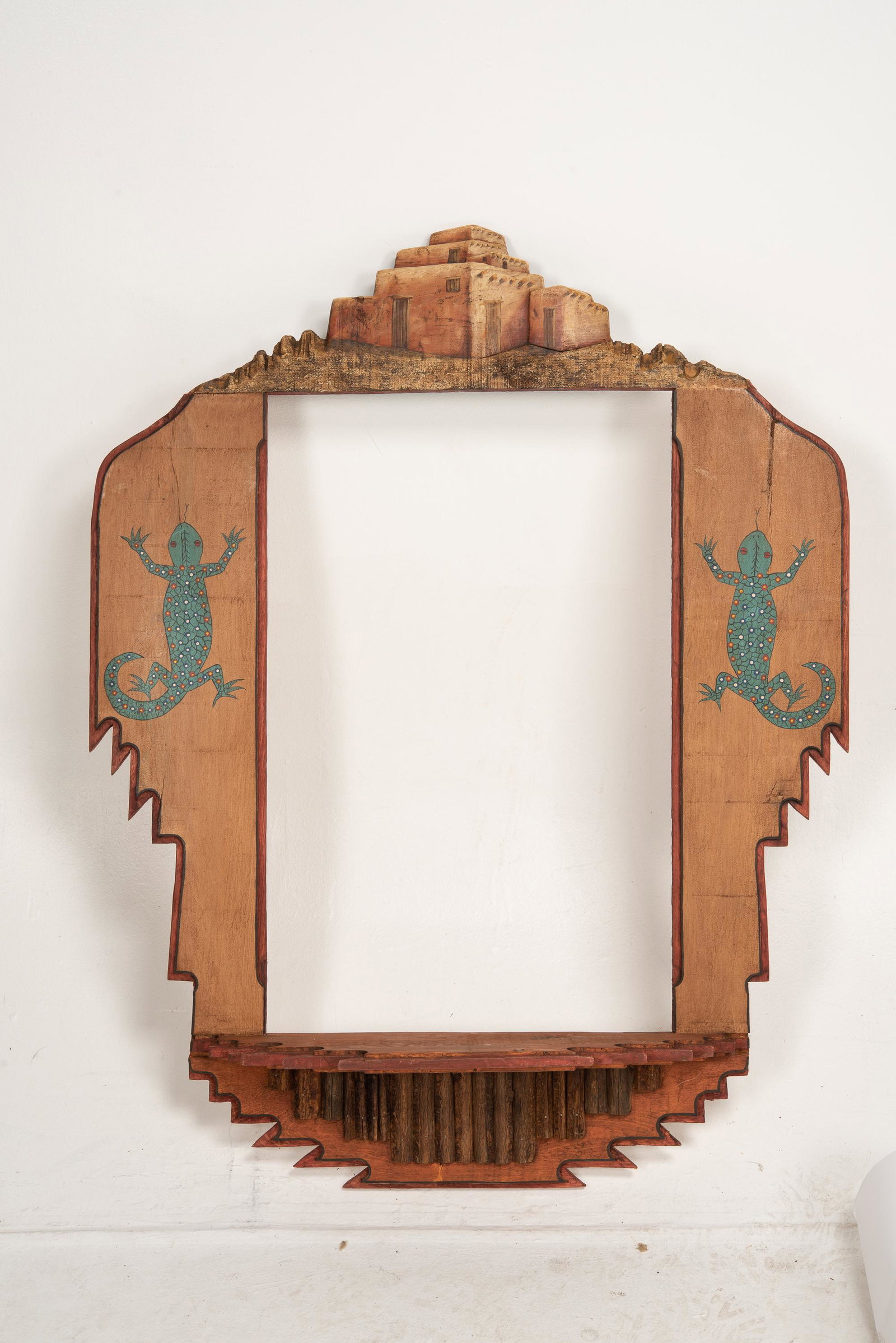 Large Southwestern Frame with Shelf: Leather wrapped wood. 35" wide x 6-1/2" deep x 44-1/2" high.