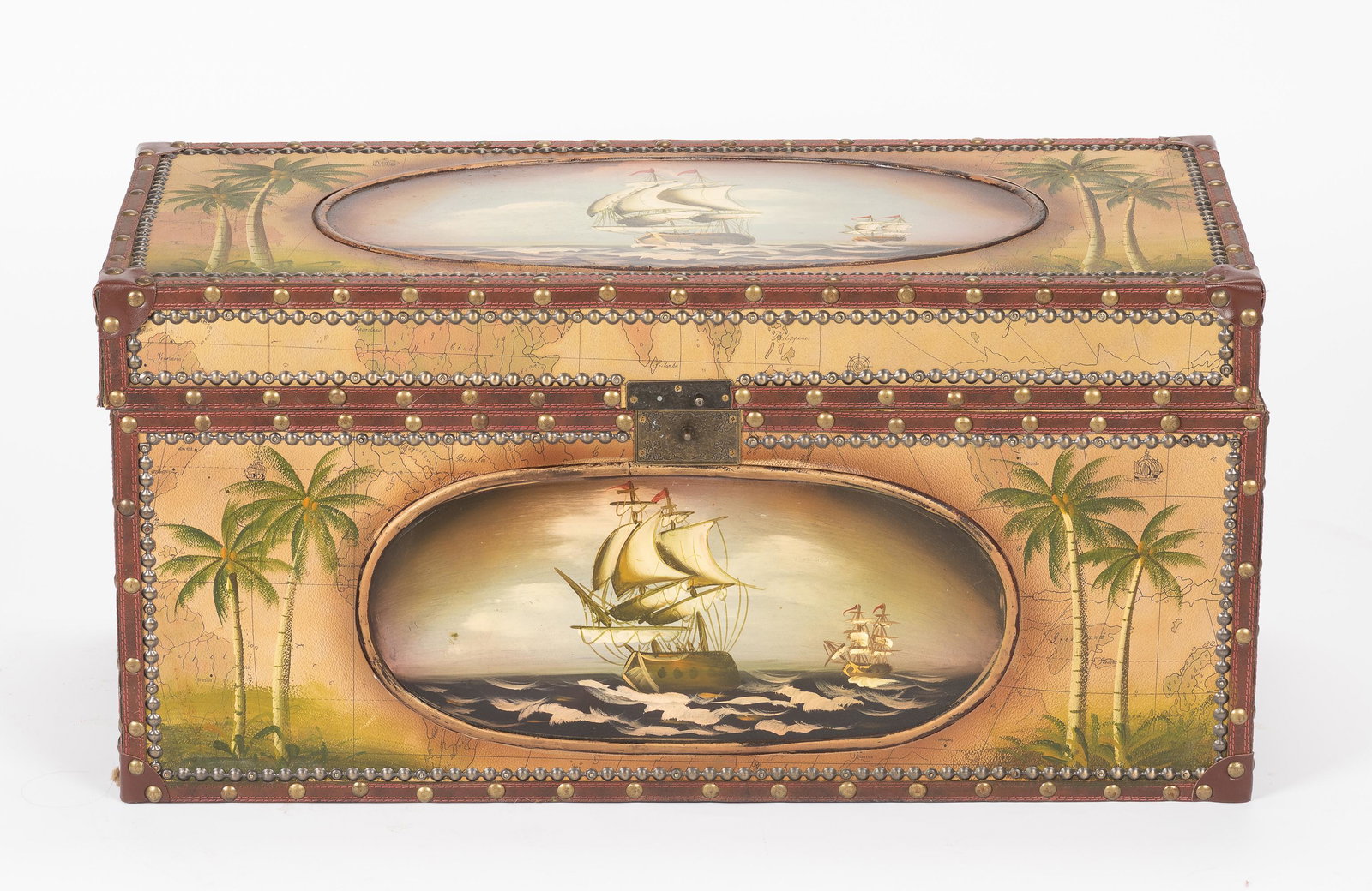 Sail Boat Decorated Wood Trunk: Leather with brass tacks. 29" wide x 13" deep x 14" high.