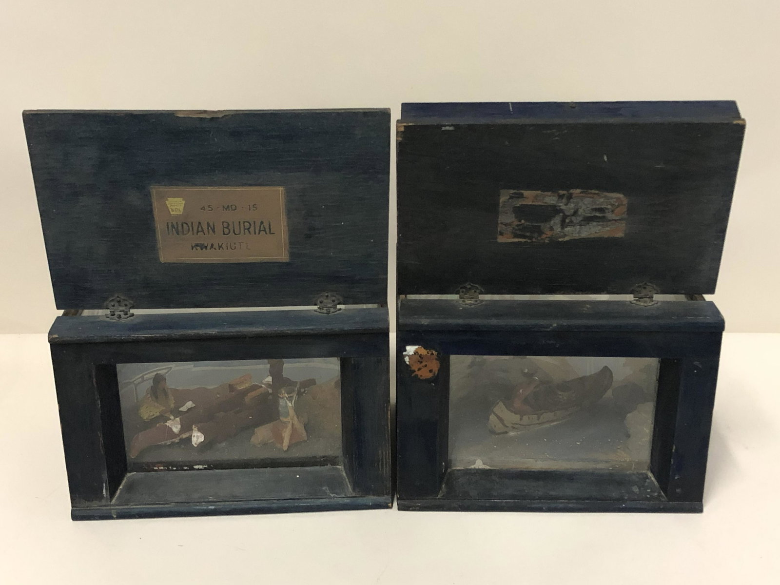 2 Native American Scenes in Shadow Boxes: 12-1/2" wide x 9-1/2" deep x 8-1/2" high.