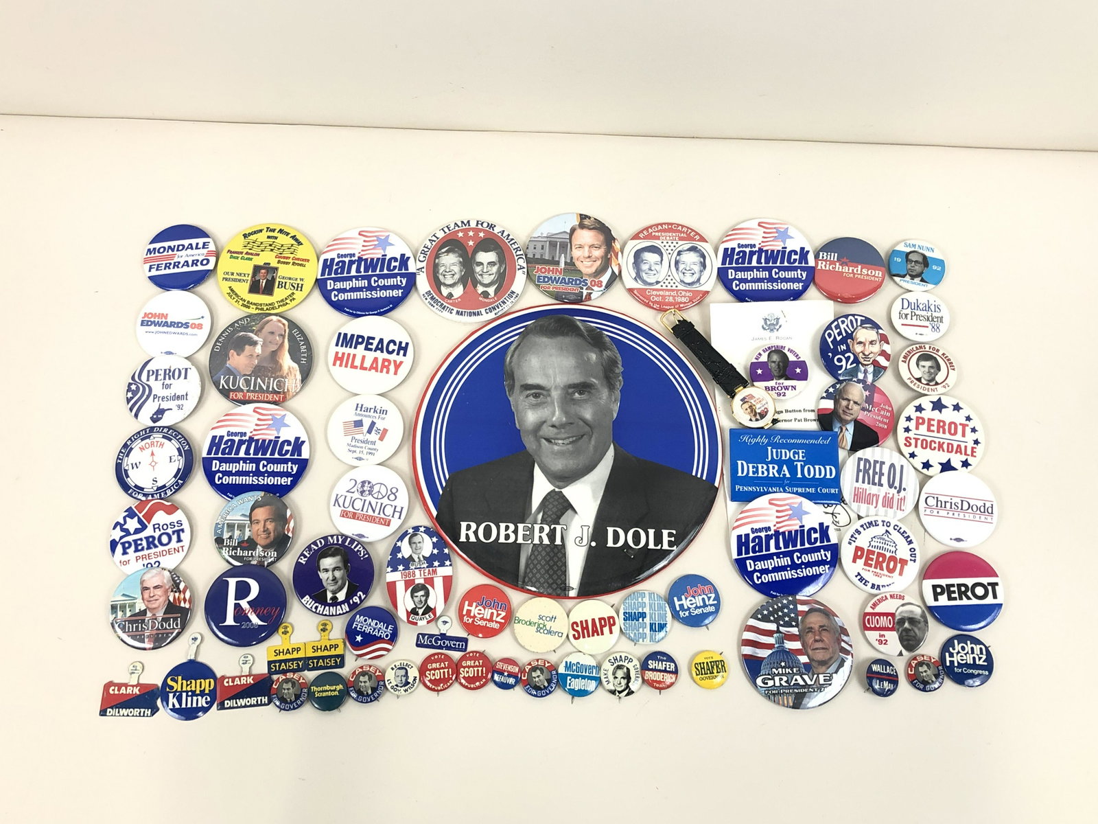 Large Lot of Campaign Buttons & Pins: Includes Ross Perot Watch, 1992.