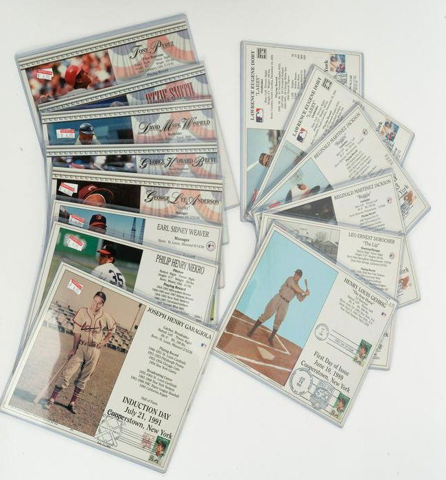 14 Non-Autographed H.O.F. Induction Day Covers: Including: Lou Gehrig, Leo Durocher, Reggie Jackson (2), Larry Doby (2), Joe Garagiola, Phil Niekro, Earl Weaver, Sparky Anderson, George Brett, Tony Perez, Dave Winfield, and Ozzie Smith