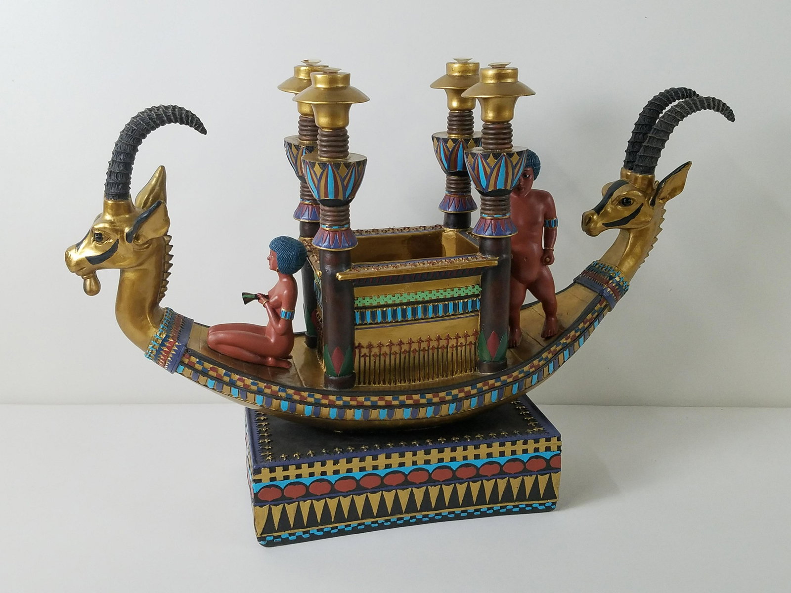 Egyptian Barge Table Base: 28" wide x 8-1/2" deep x 19-1/2" high. No top.