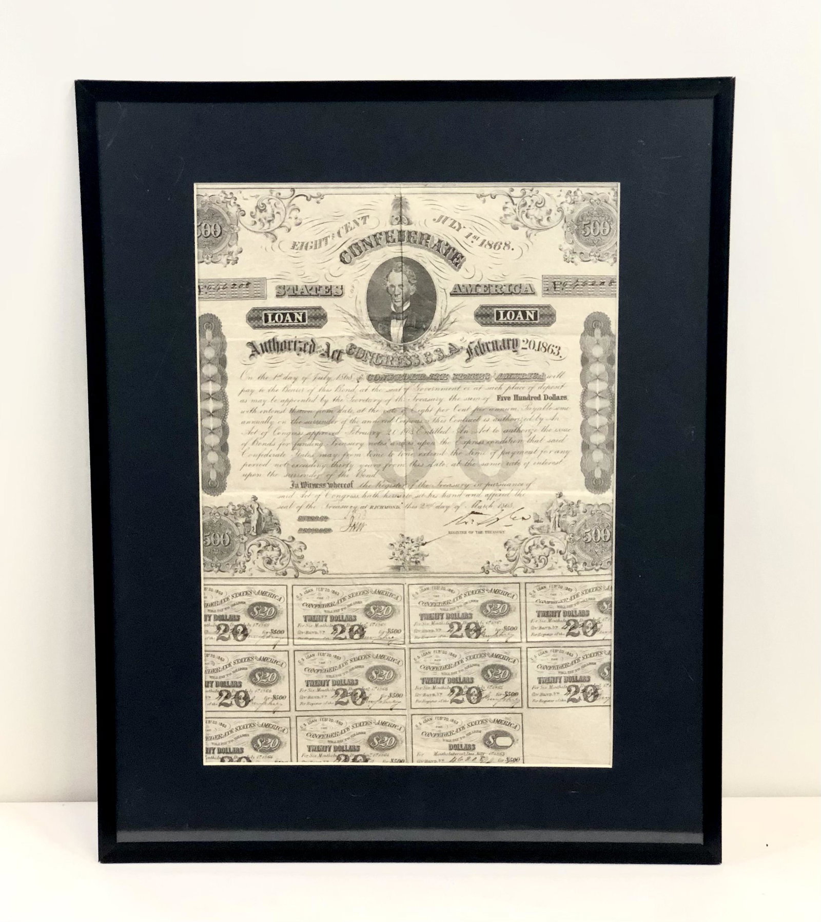 1863 Confederate State of America Loan: Dated February 20, 1863. Overall with frame 20 1/4" high x 16 1/4" wide.