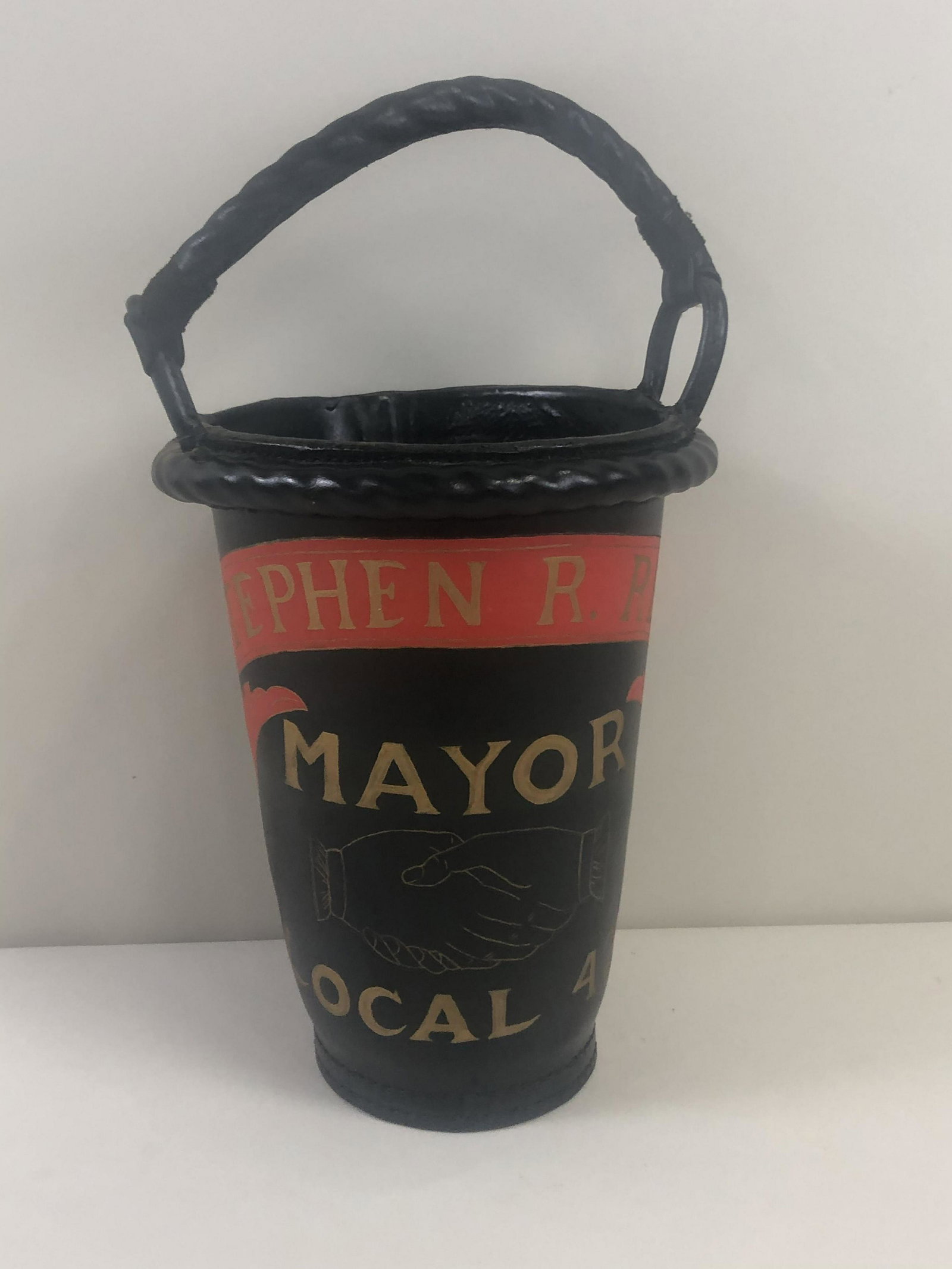 Mayor Stephen Reed Leather Fire Bucket: 10" wide x 10" deep x 19" high.
