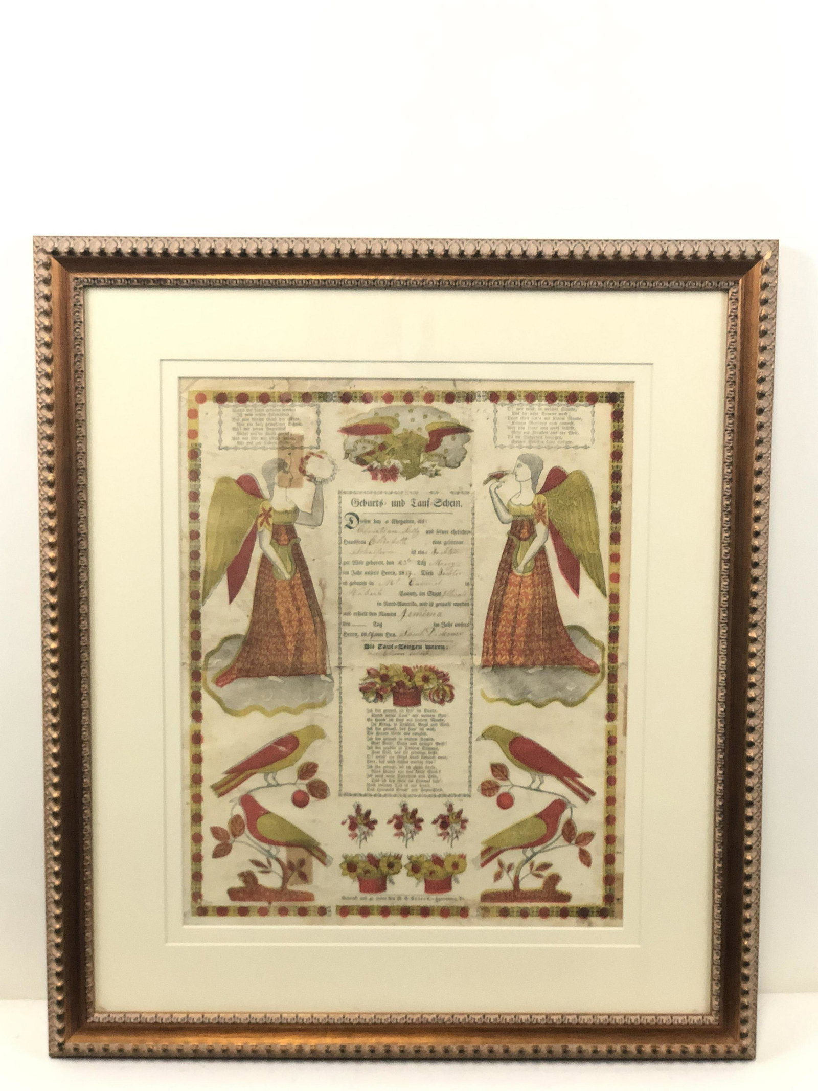 1854 Fraktur: Mt. Carmel in Wobash County, Illonois. Overall with frame 23 1/2" high x 20 3/4" wide.