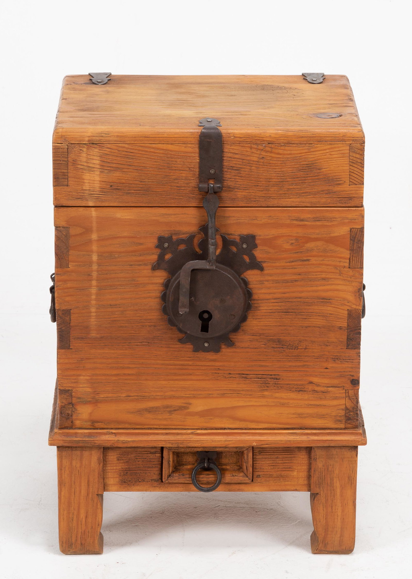 East European Mule Chest: Probably 19th or 20th centuries. Mortise and tenon frame construction. Old refinish. 15-1/4" wide x 12" deep x 22-3/4" high.