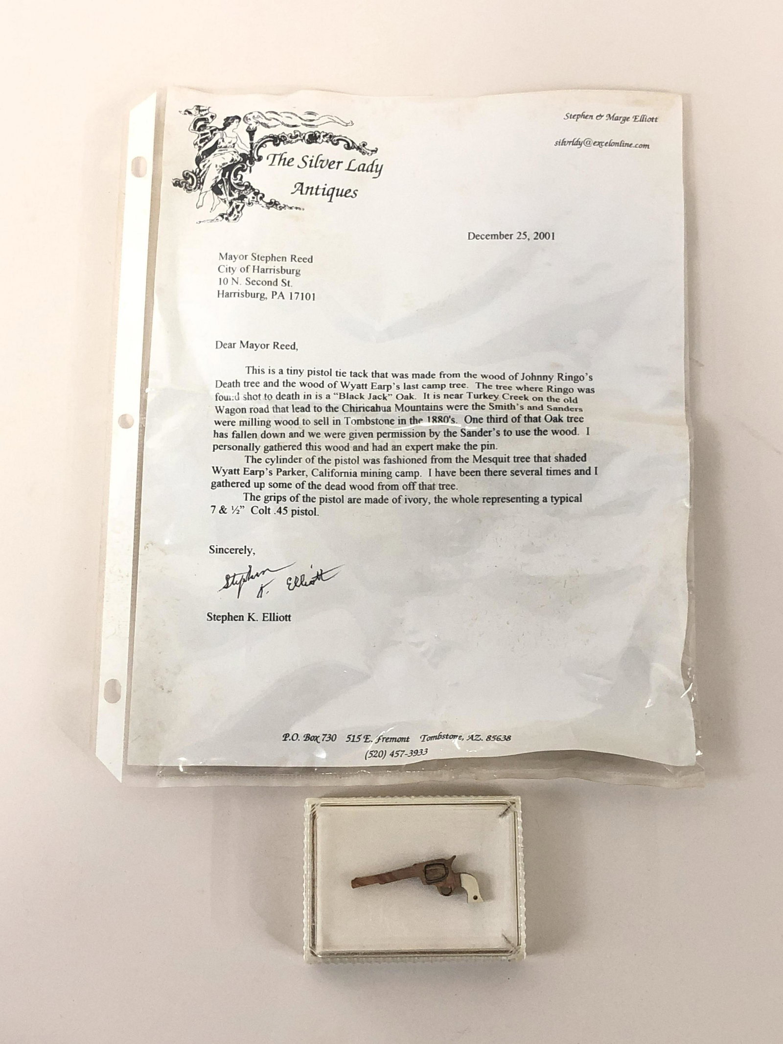 Pistol Tie Tac From Johnny Ringo Death Tree: With letter of authenticity from Stephen K. Elliot, Silver Lady Antiques, Tombstone, AZ.