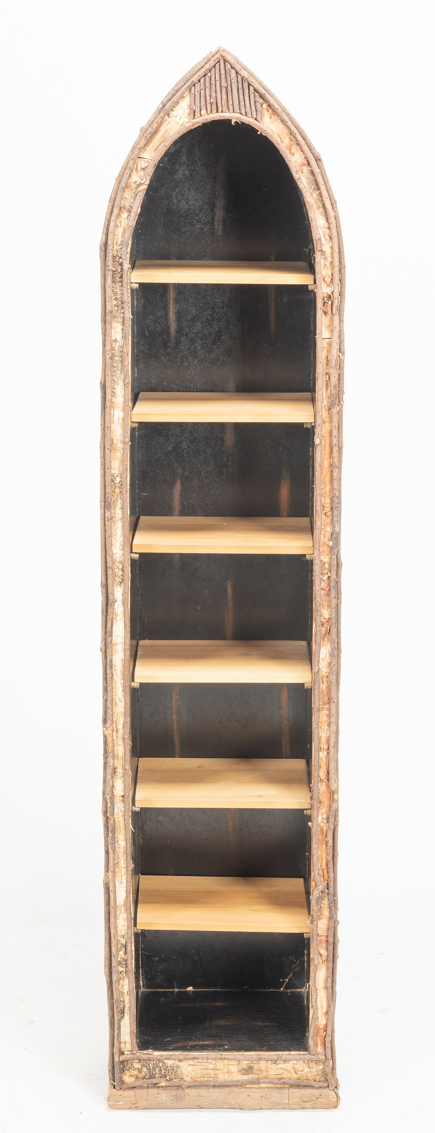 Birch Steeple Display Cabinet: 13-1/2" wide x 9-1/2" deep x 60" high. Small losses and cracks to reverse.