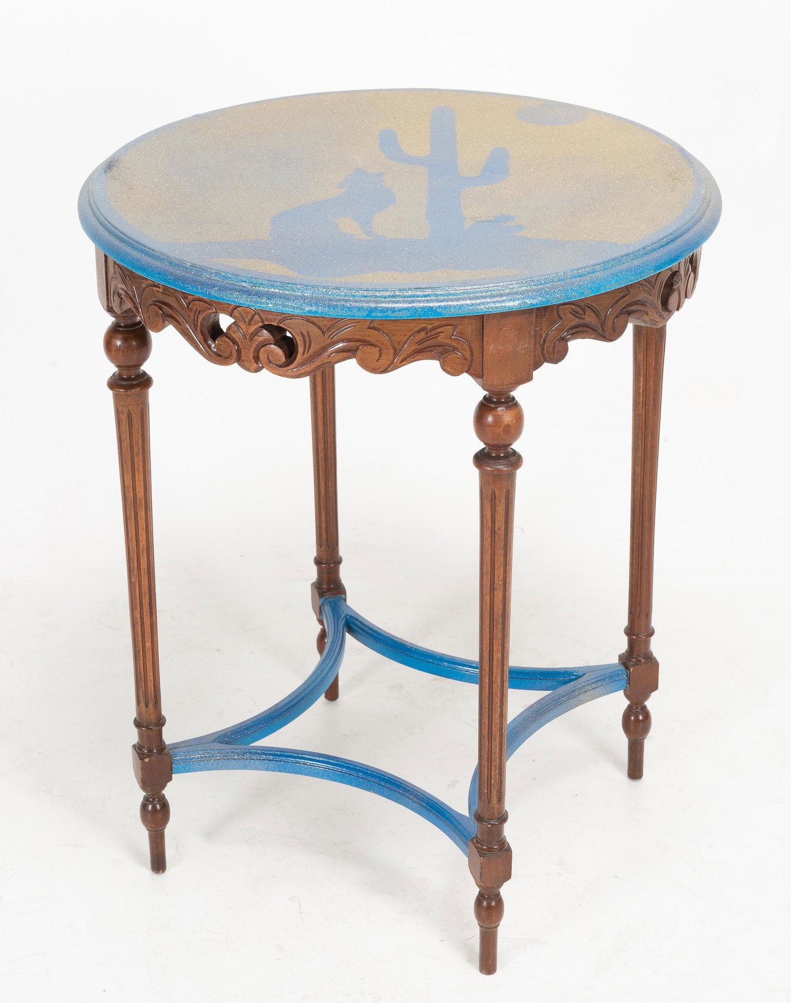 Painted Wolf Side Table: 24" dia x 29" high.