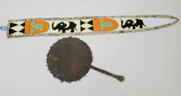 Yoruba Fan & Beaded Wall Hang: Ceremonial fan 9 1/2" wide X 16" long. Wall hang 39" wide 4 1/2" high.