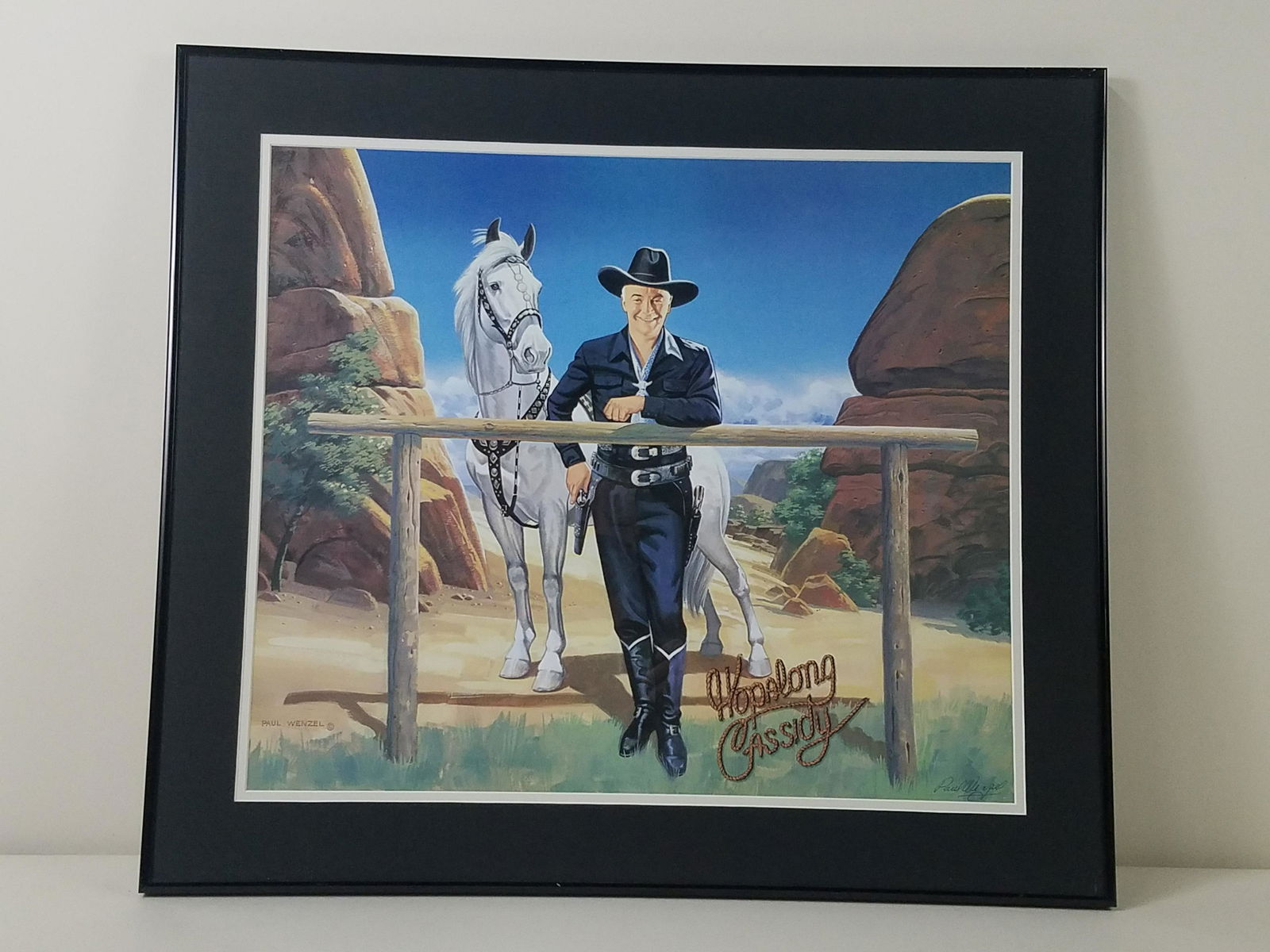 Signed Hopalong Cassidy Print: Signed with pen in lower right corner. Overall with frame 23-1/4" high x 26-1/4" wide.