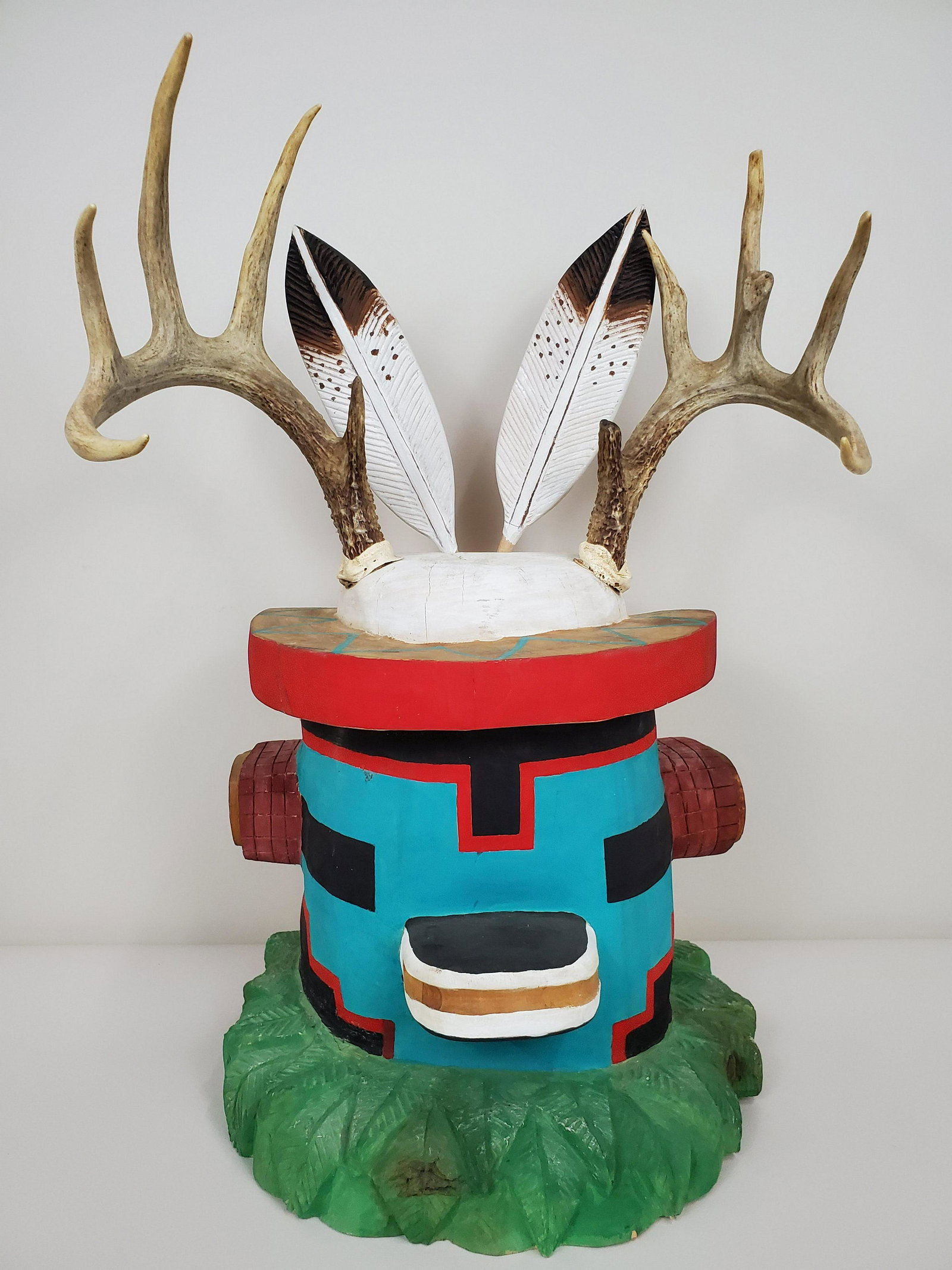Carved Wood Deer Kachina Helmet: Signed H. Benally 2000. 18" wide X 12" deep X 25 1/2"high.