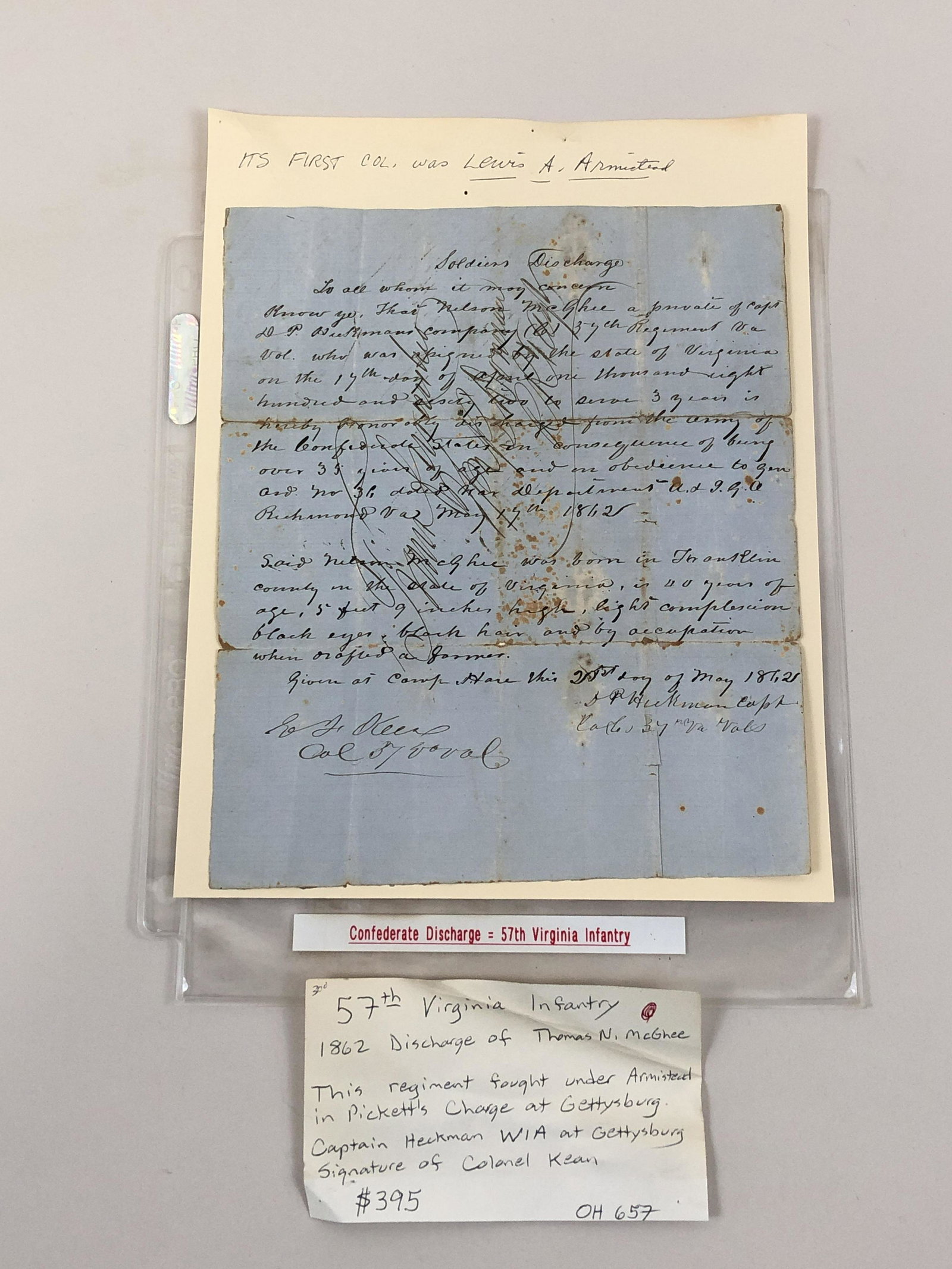 Confederate Discharge Letter: Discharge of Thomas N. McGhee of 57th Virginia Infantry.