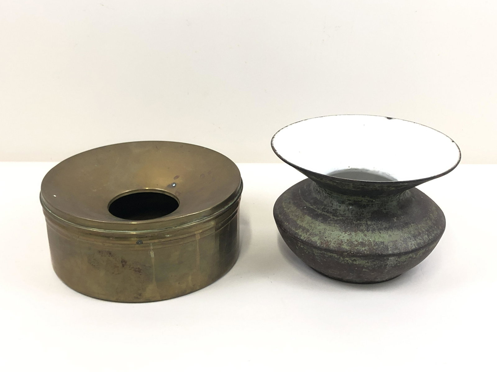 2 Spittoons: 7 1/4" to 8 3/4" diameter x 3 3/4" to 5 1/2" high.