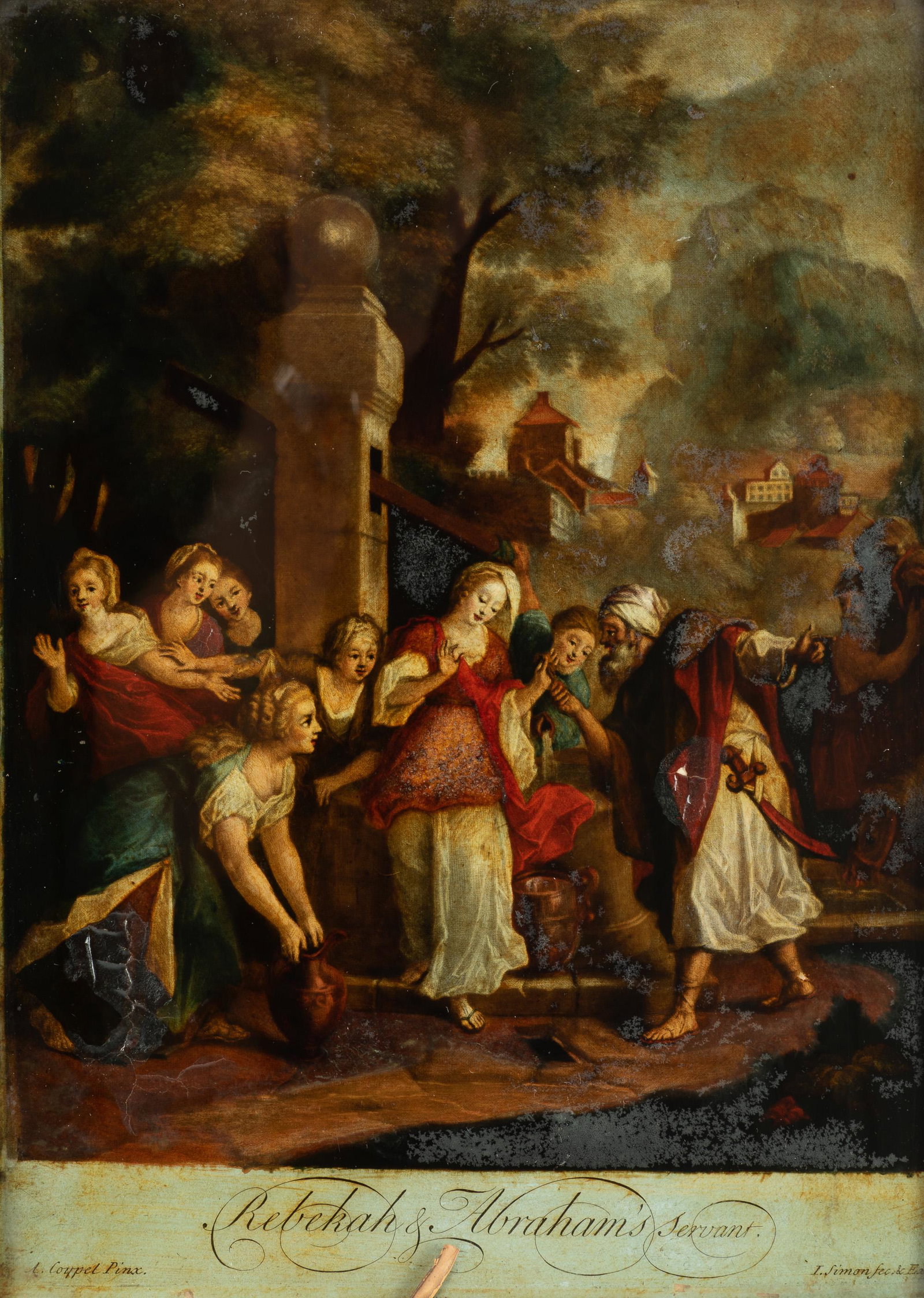 After Antoine Coypel Reverse Painting On Glass: DESCRIPTION: After Antoine Coypel Reverse Painting On Glass. Executed by I. Simon. Rebekah & Abraham's Servant. In wood frame. MEASUREMENTS: 14-1/4" high x 10" wide; overall with frame 18-1/4" high x 