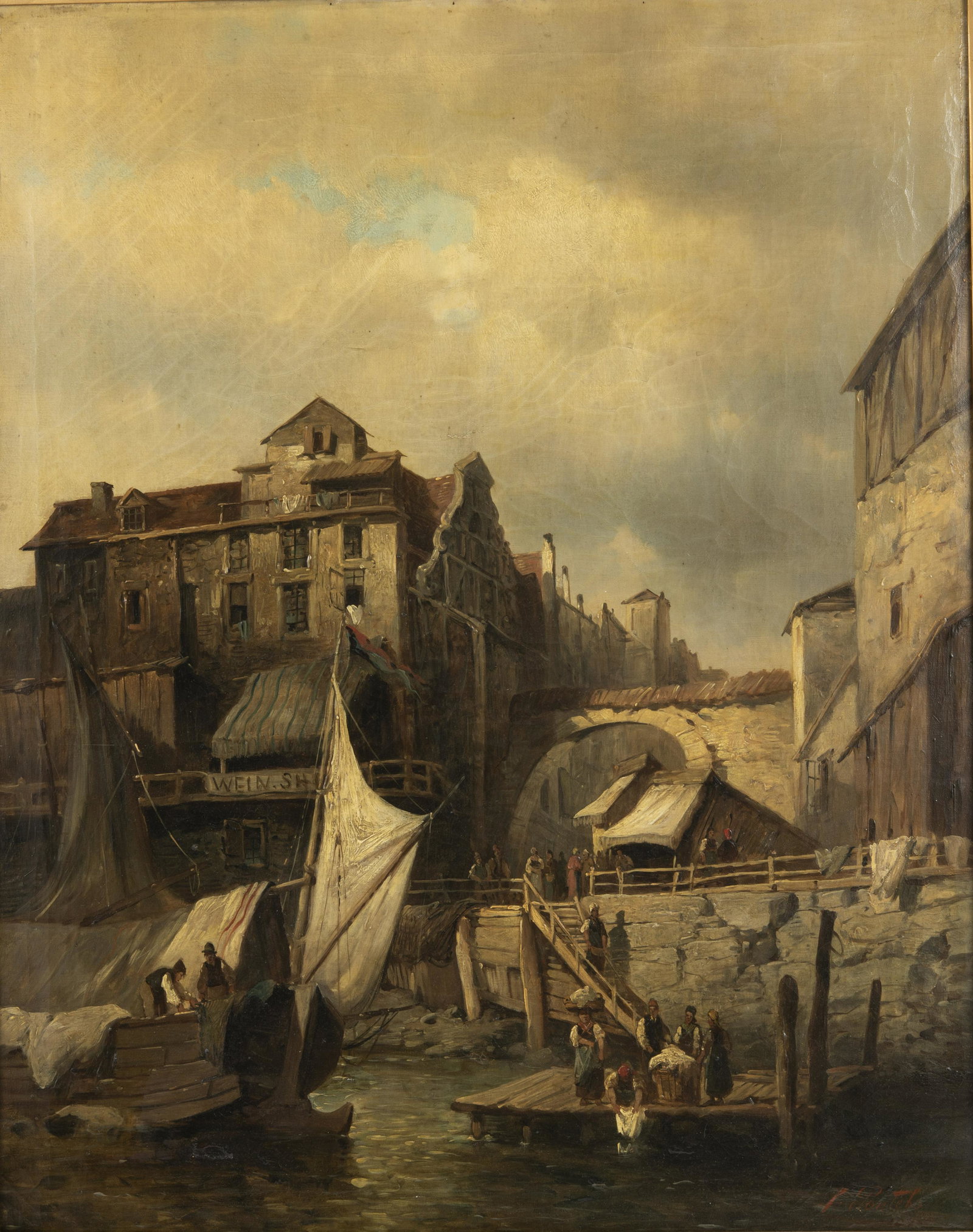 Continental School, 19th Century: DESCRIPTION: Continental School, 19th Century. Oil on canvas. View of a harbor. Signed "V. Pontebo" lower right. In elaborate gilt wood and gesso frame. MEASUREMENTS: 31" high x 24" wide; overall with