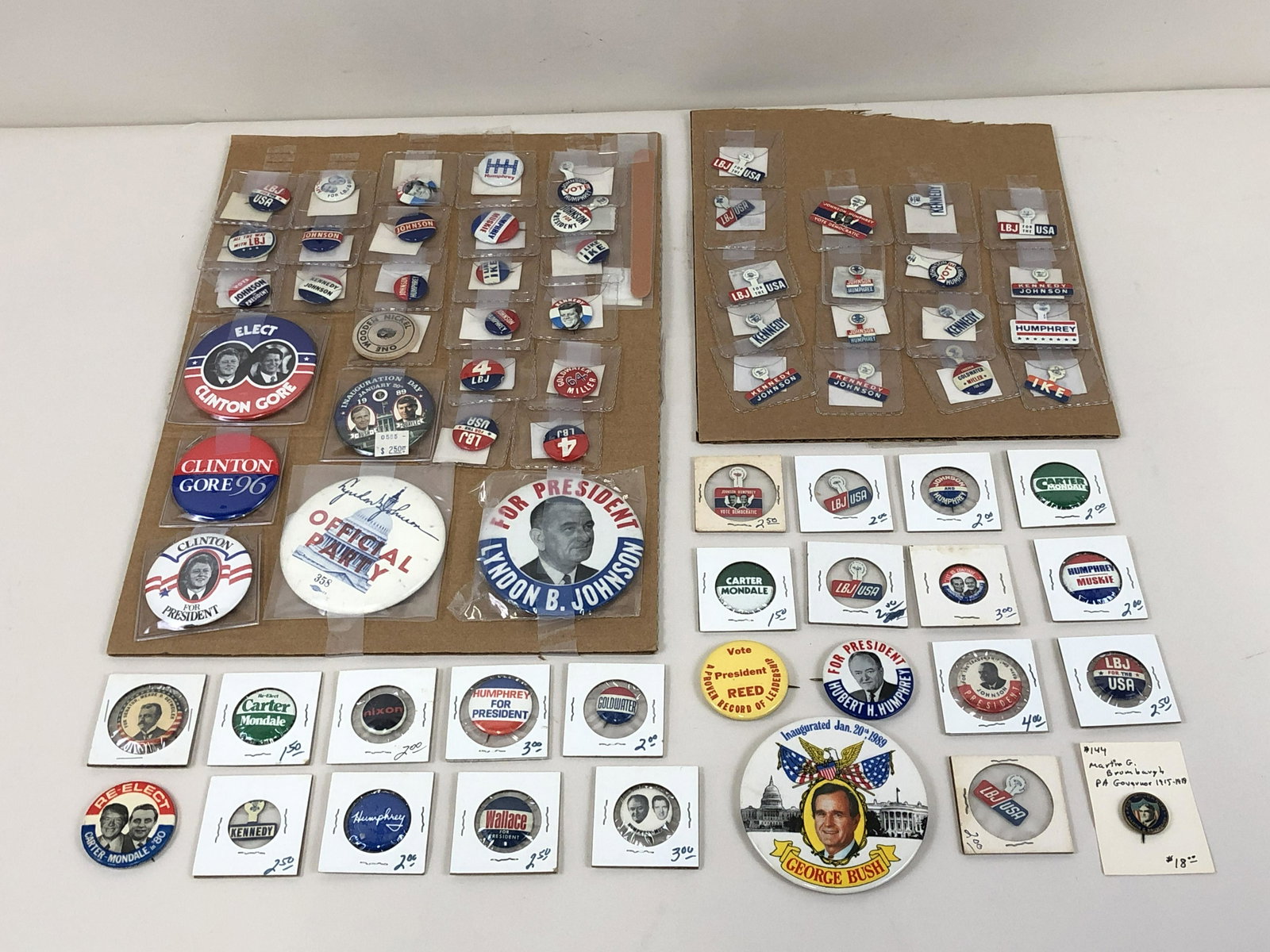 Collection of Political Pin Back Buttons: Also includes bookmarks, LBJ, Carter, Bush, Kennedy, Goldwater, Clinton, Ike, Humphrey, and Martin G. Brumbaugh.