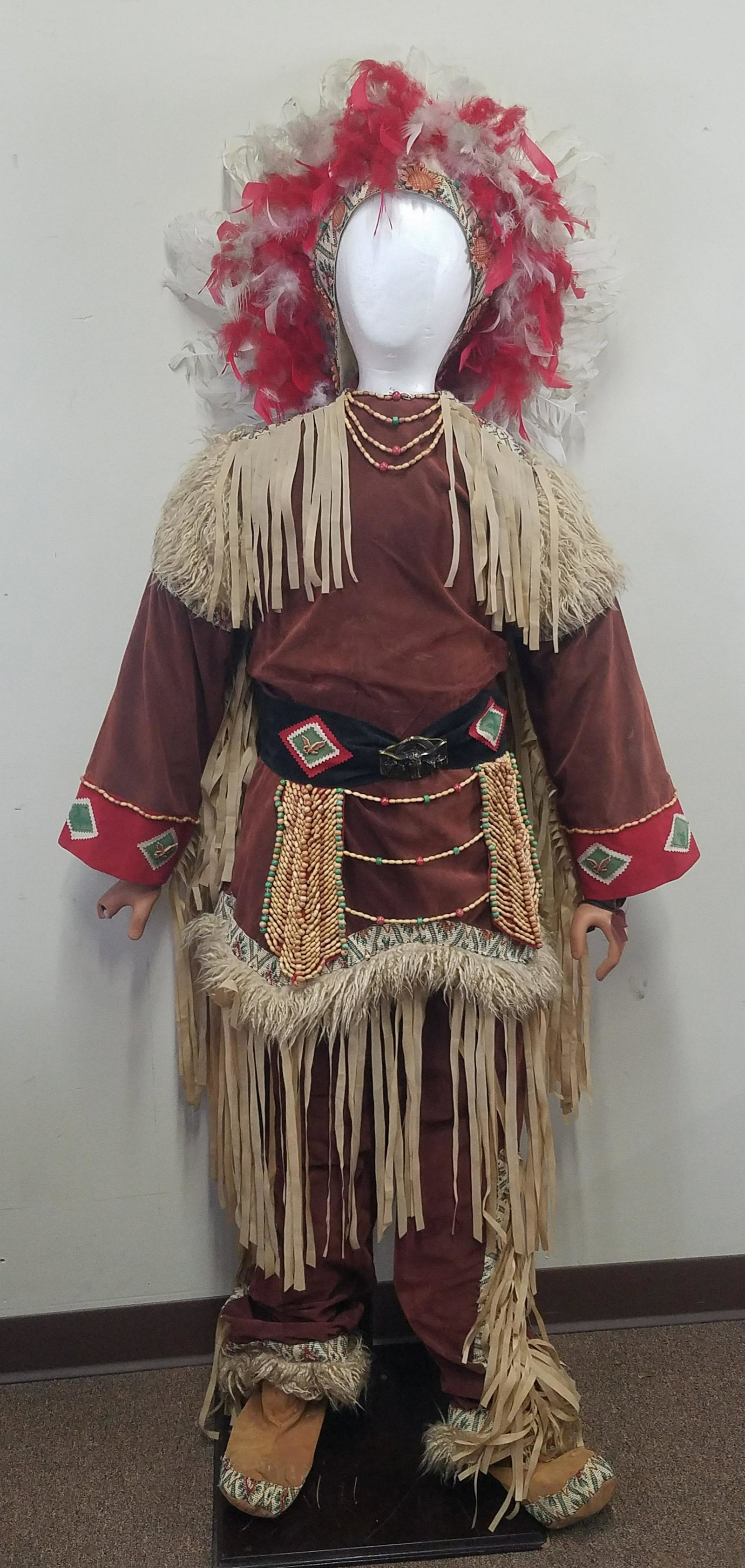 Traditional Outfit with Fringe and Beads: Top: 17" shoulder width x 29" long. Pants: 32" long.