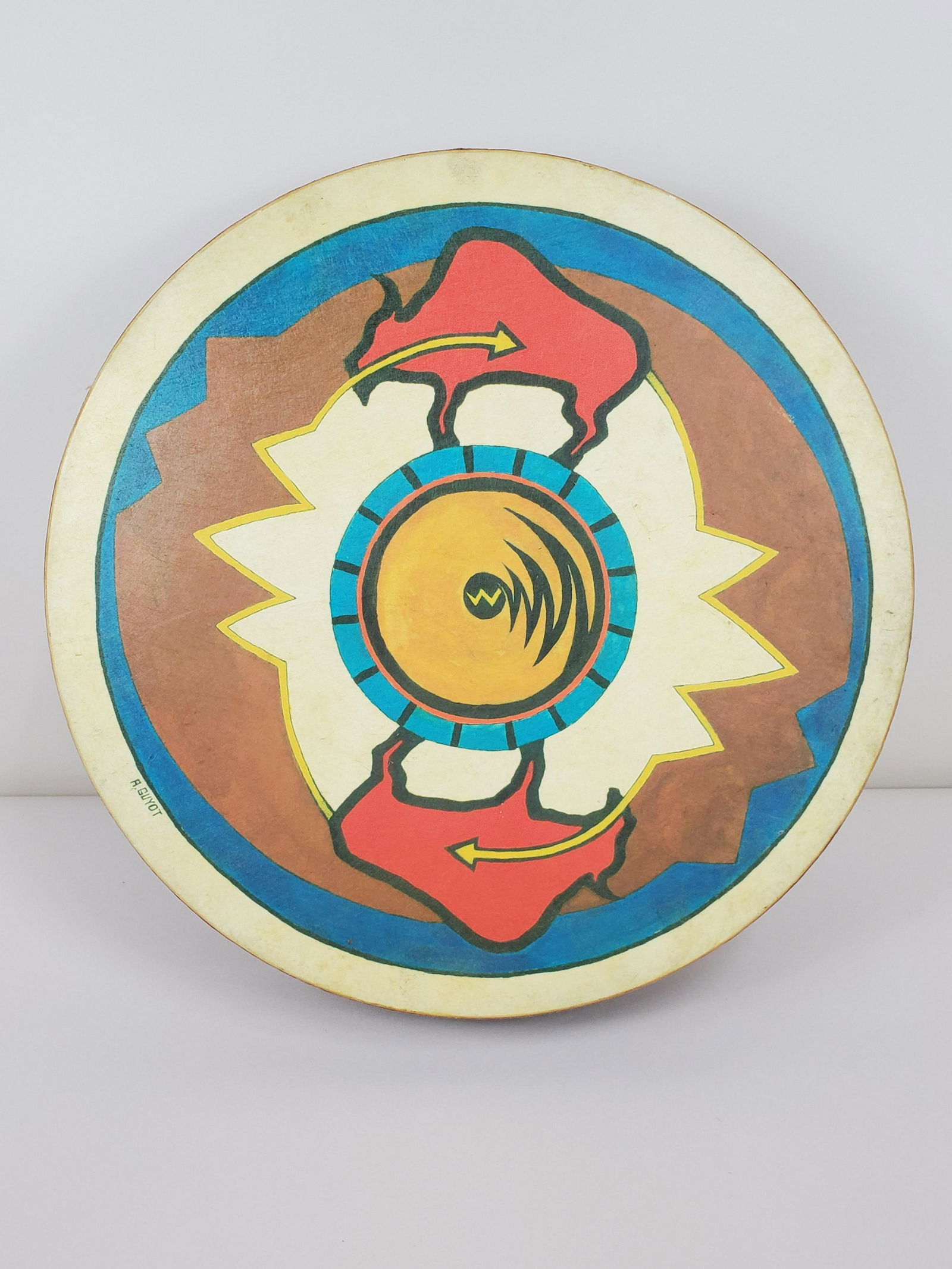 A. Guyot Native Ametican Drum: 22" wide X 4" high.