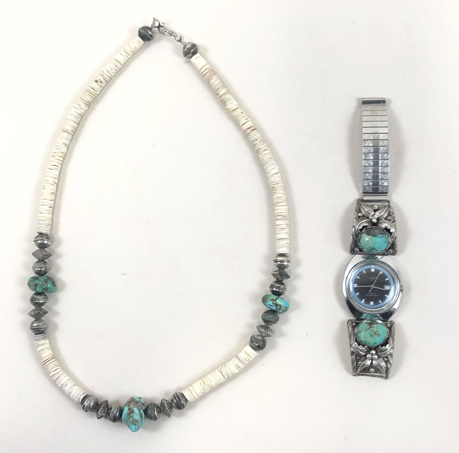 2 Pcs Sterling and Turquoise Including Timex: Necklace 22" long.