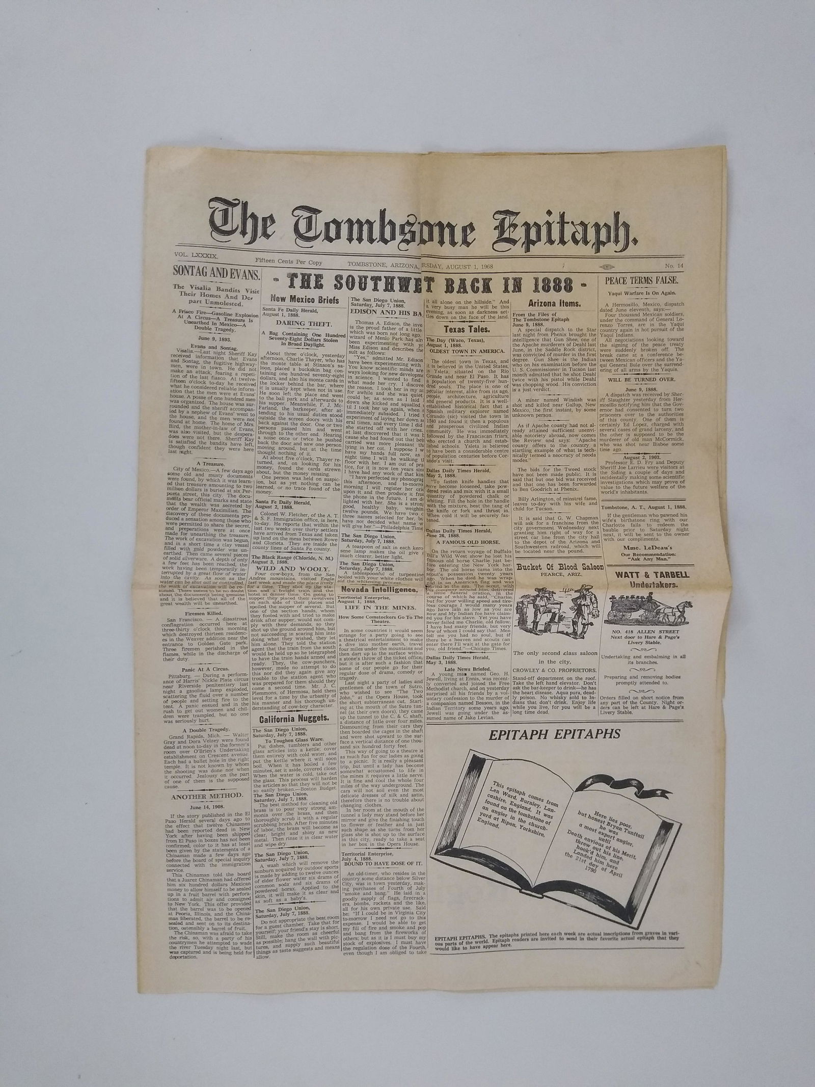 1968 The Tombstone Epitaph Newspaper (1 of 3)
