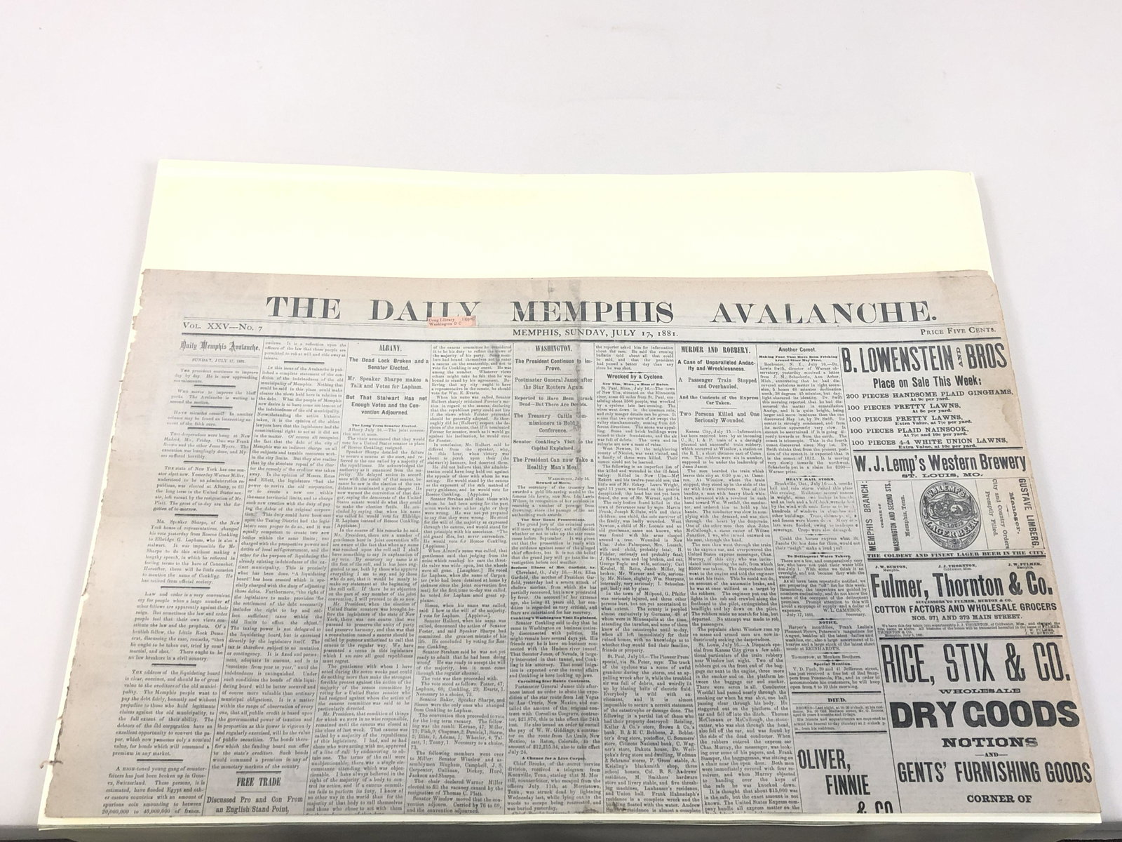1885 The Daily Memphis Avalanche Newspaper: July 17, 1881.