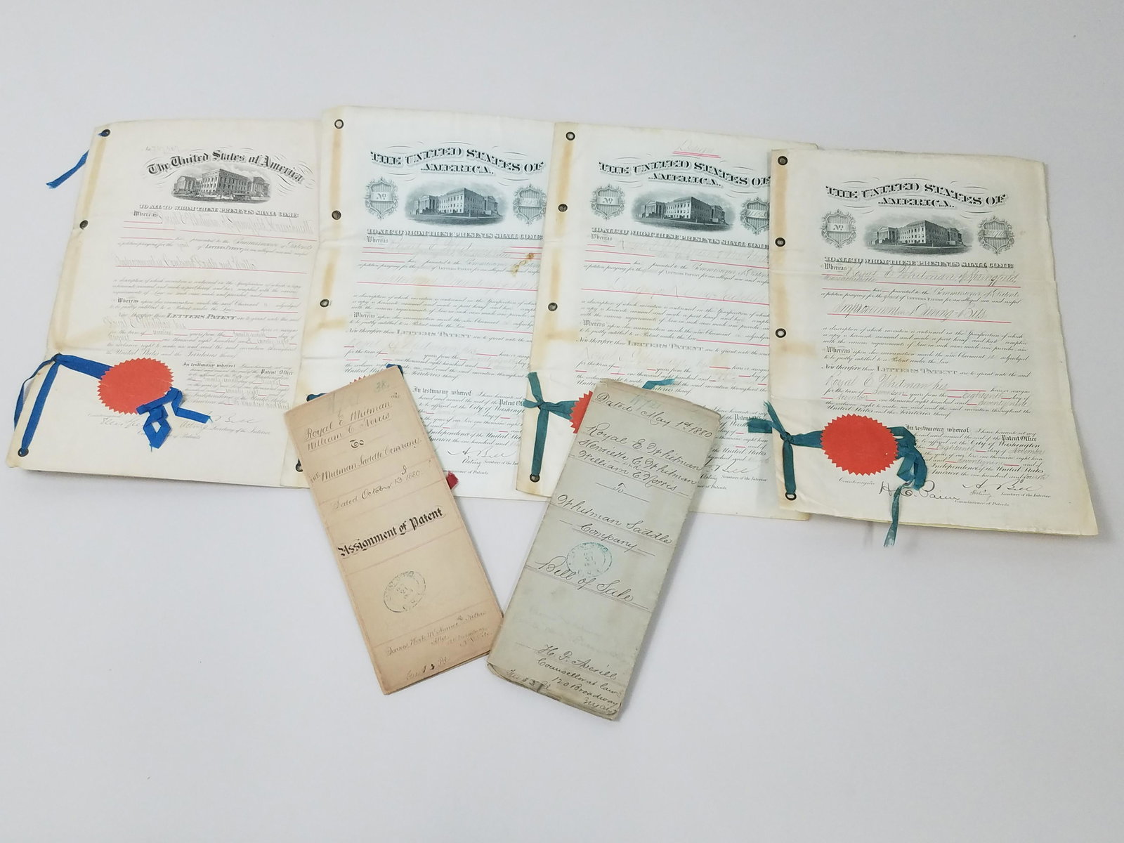 6 Whitman Saddle Patents (1878-1880): Some discoloration, minor losses to edges.