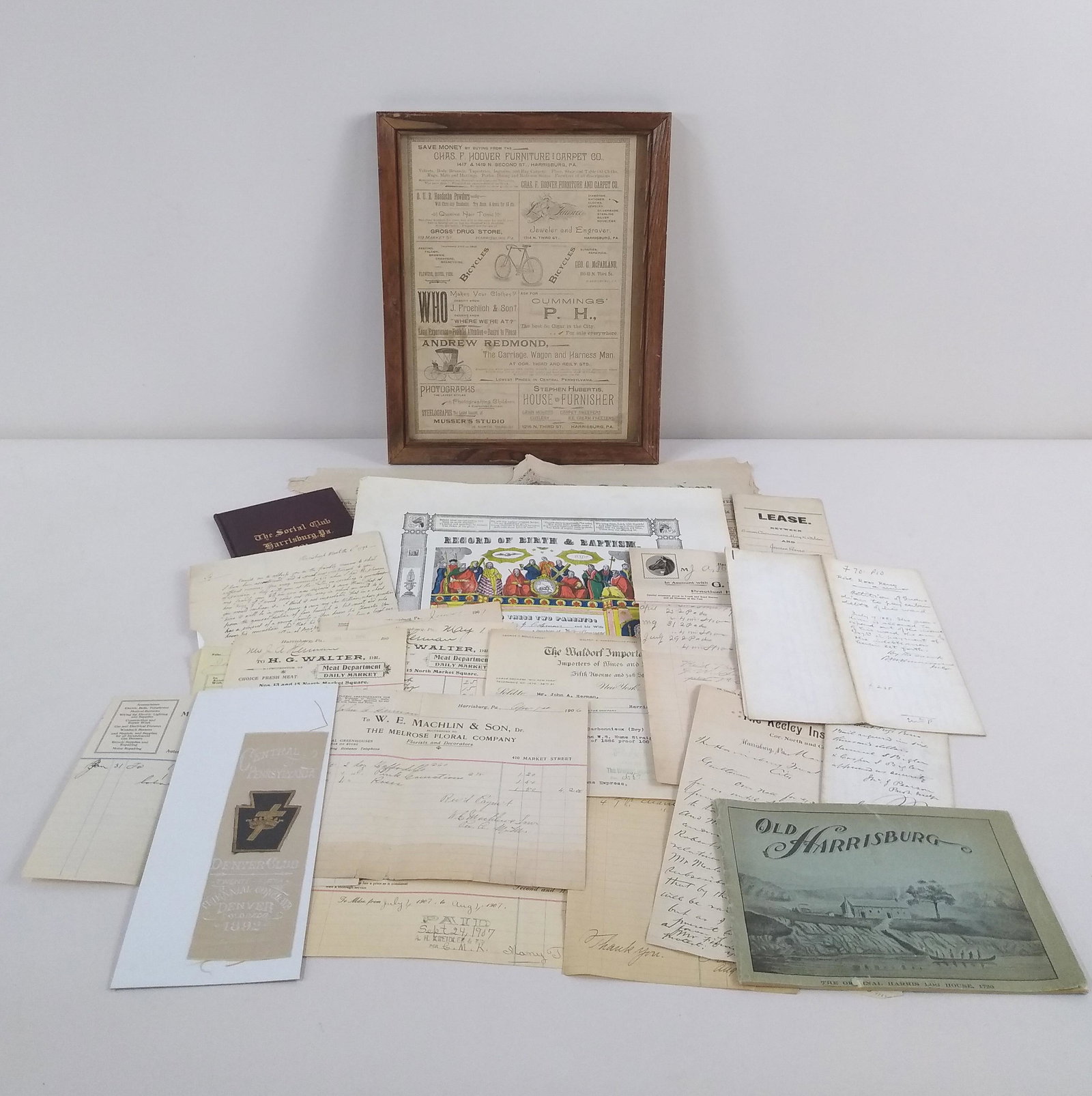 21 Pcs Harrisburg Ephemera: Incl. Fraktur, deeds, social club book, etc.