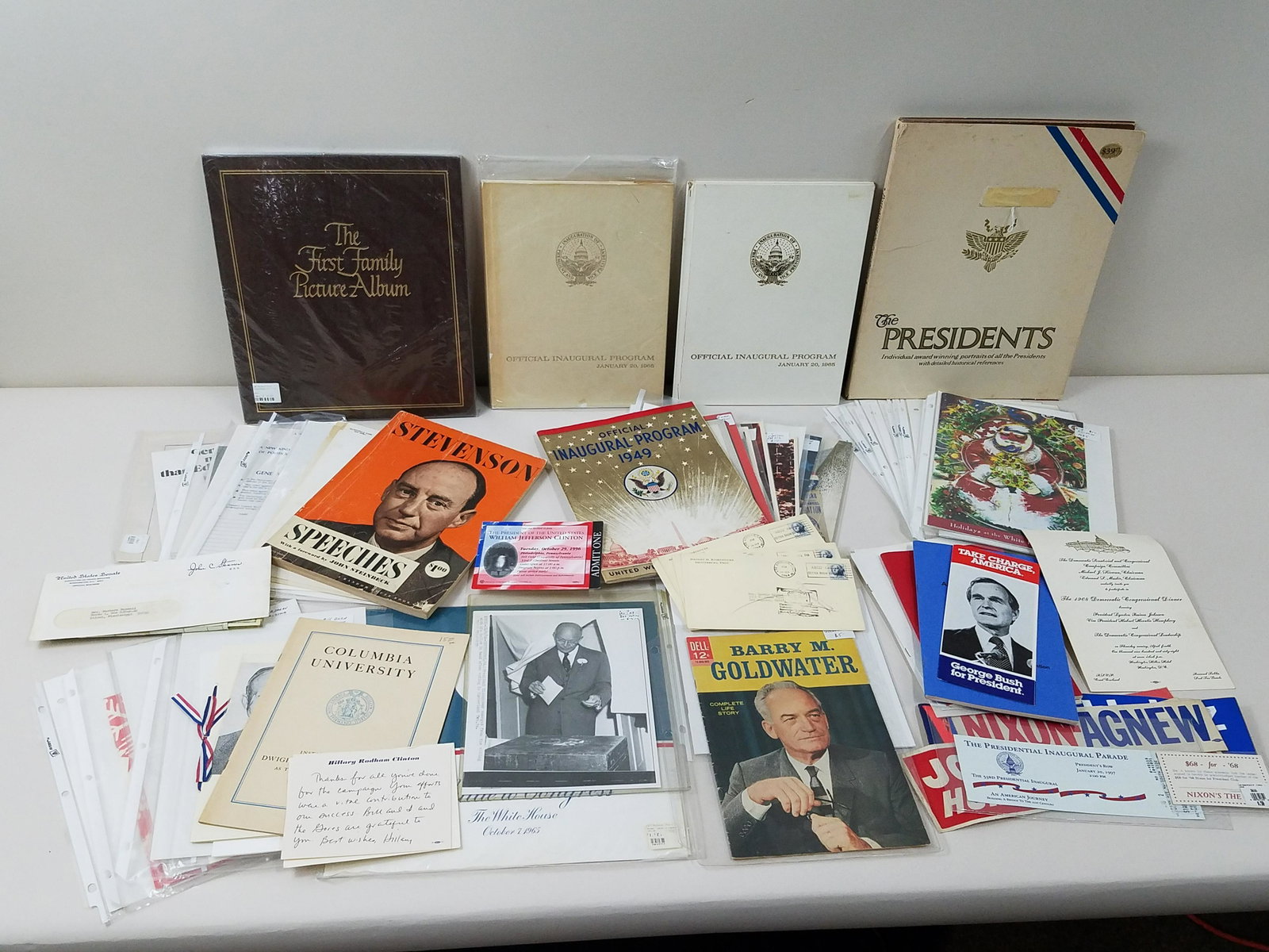 Collection of Political Ephemera incl Reagan: Also includes LBJ, Nixon, Wallace, Heinz, Eisenhower, Stennis, Clinton, McCarthy, Jesse Jackson, Goldwater, Carter, Truman, Bush, and holiday cards.