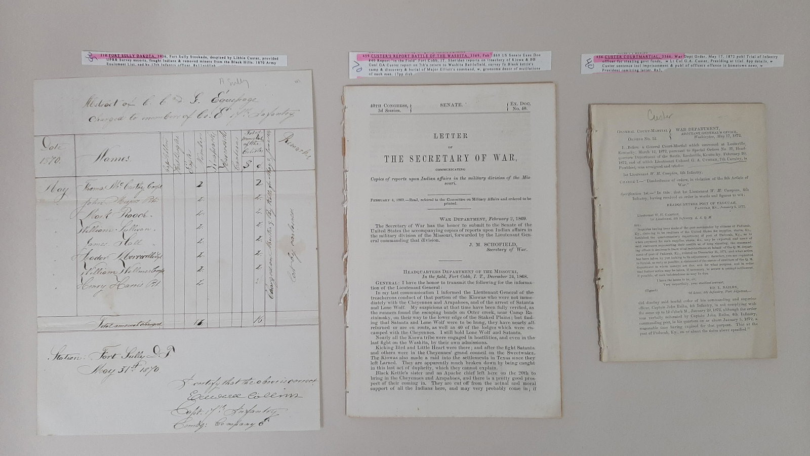 3 Pcs Custer Related Ephemera: Includes letter from The Secretary of War with Custer's report on hostilities in Missouri, and a 1872 court-martial presided over by Custer.
