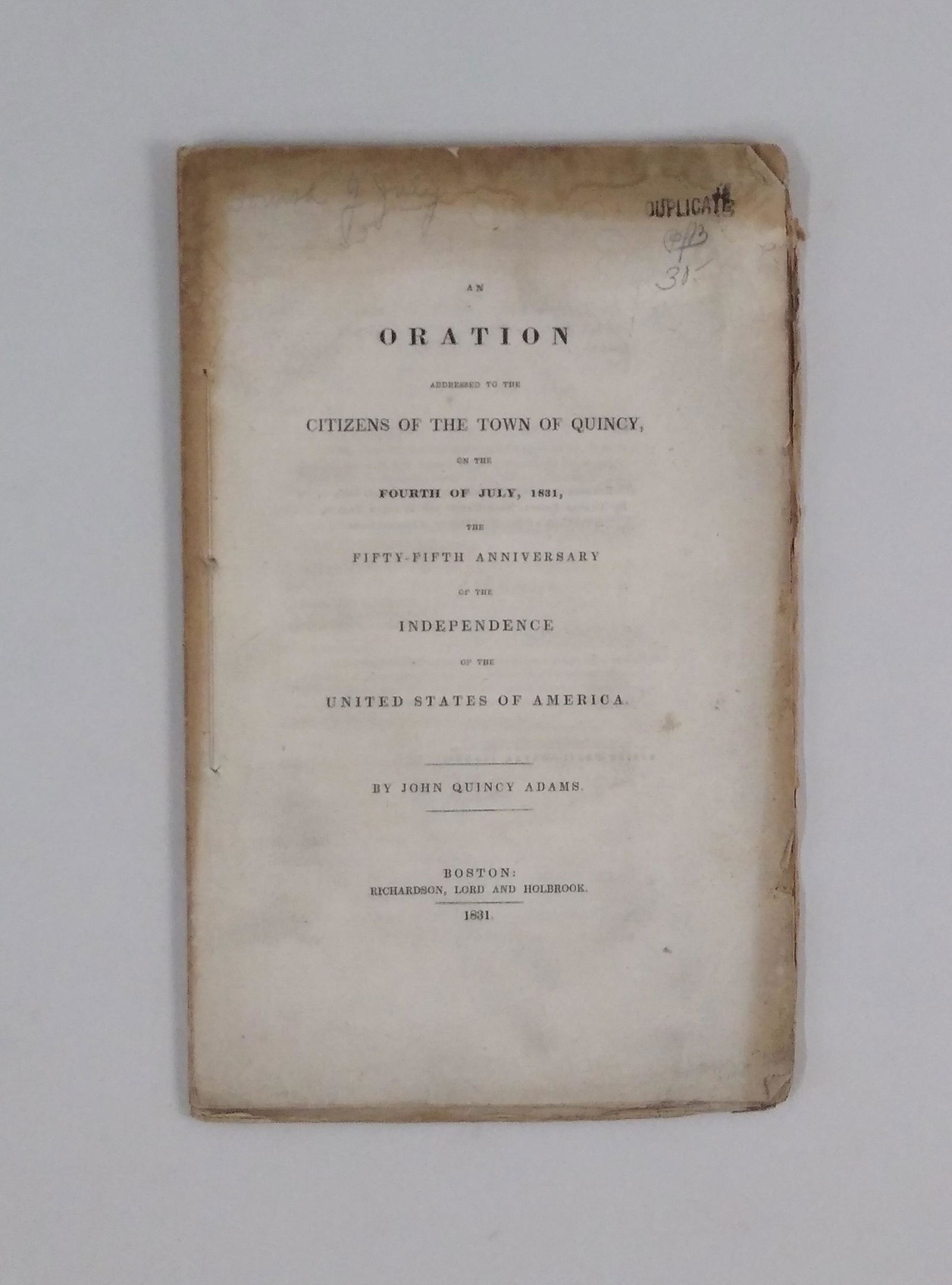 An Oration Addressed to the Town of Quincy 1831 (1 of 2)