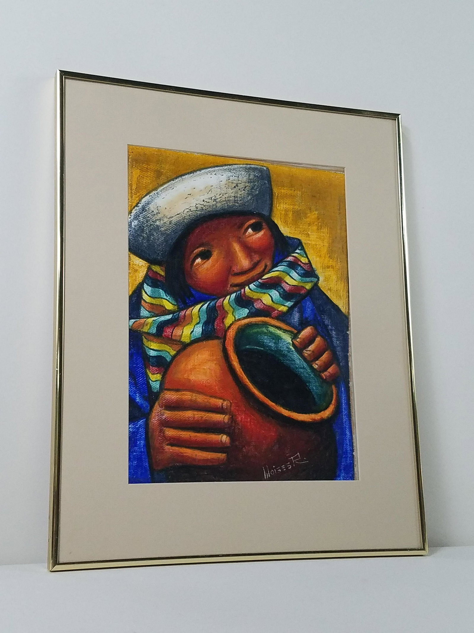Raphael Moises Mexican Child Painting: Overall with frame 20-1/4" high x 16-1/4" wide.